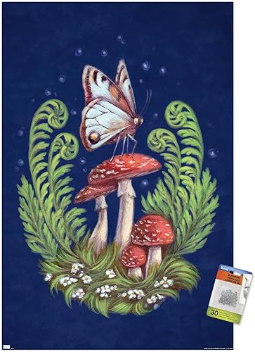 Trends International Brigid Ashwood - Butterfly and Mushrooms Wall Poster, 22.37" x 34.00", Premium Poster & Push Pin Bundle