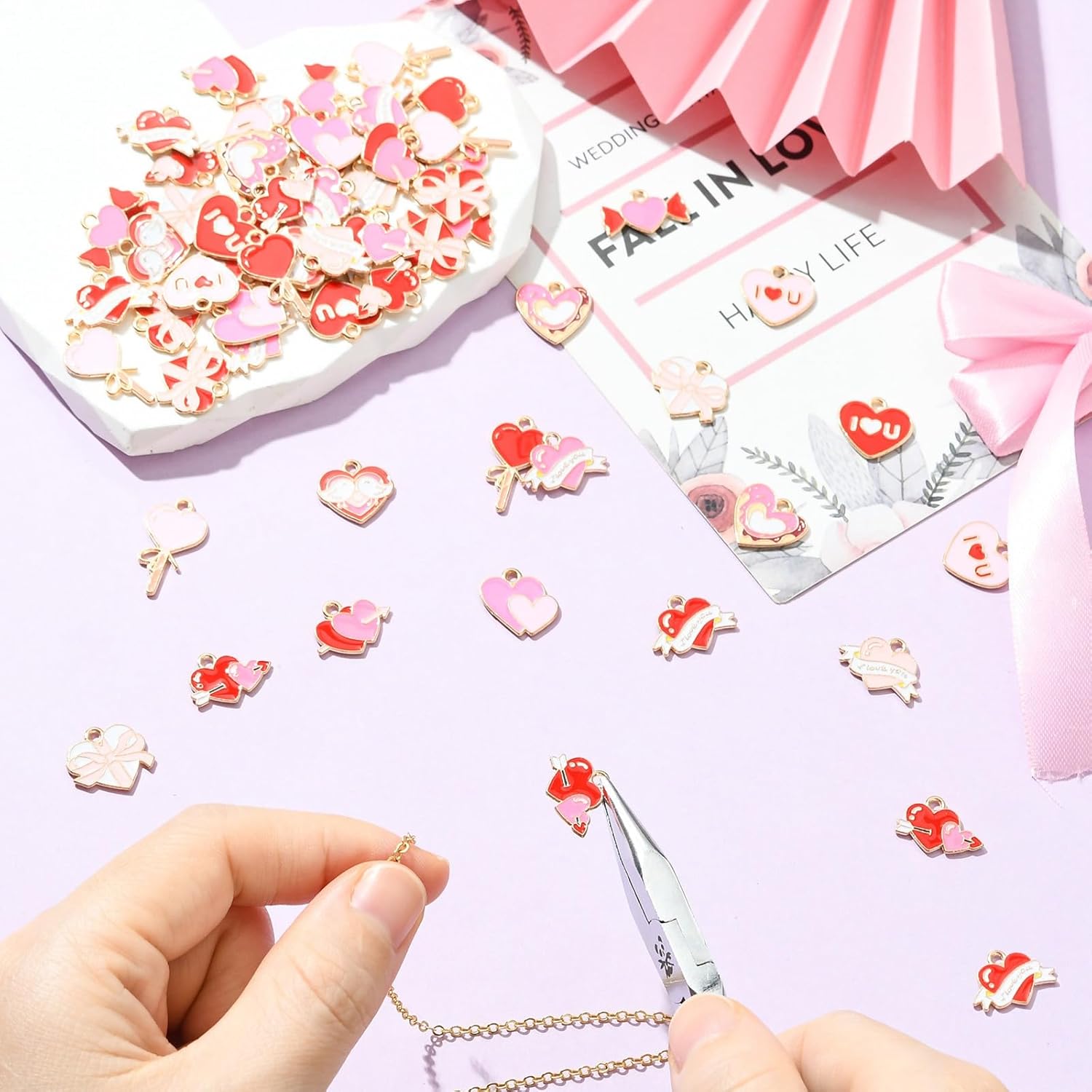 KitBeads 64Pcs Valentine Heart Charms 16 Styles Pink Red Enamel Bow Gift Love Heart Shaped Charms for Jewelry Making Bracelets Necklaces Crafts - Image 5
