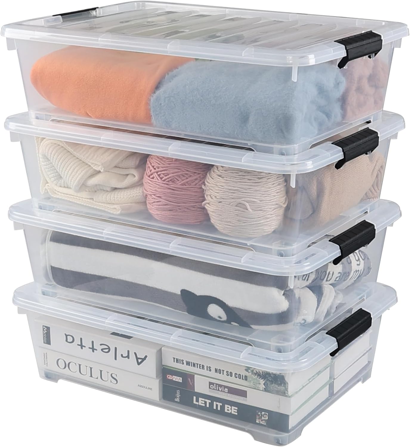 4 Packs 25 L Clear Wheeled Latching Storage Boxes, Underbed Container with Lid