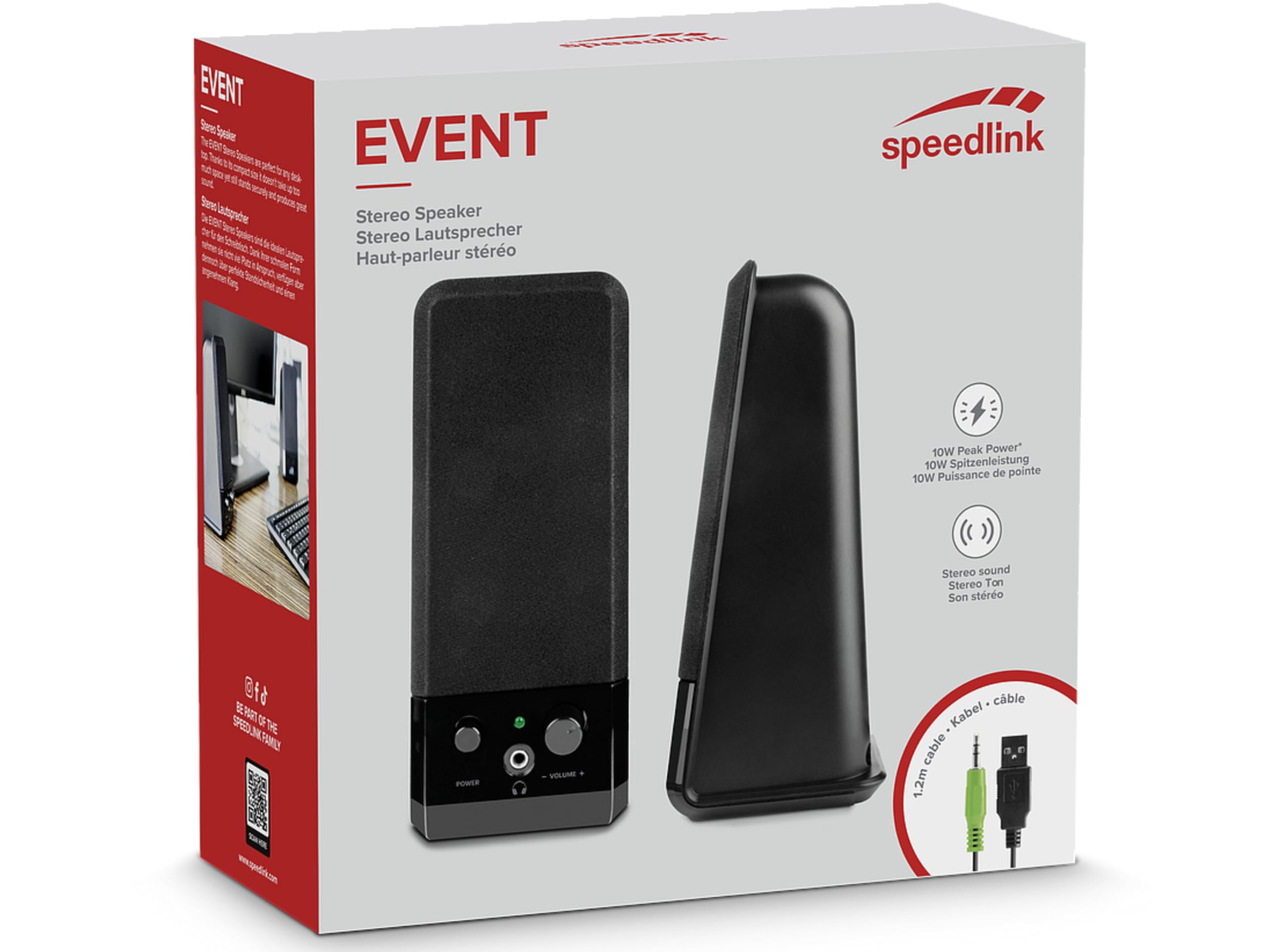Speedlink Event Stereo Speakers SL-8004-BK, 2-Piece Desktop Set, USB Powered, Slimline Design, 3.5 Millilitre Jack Plug, 5W RMS Output Power, Black