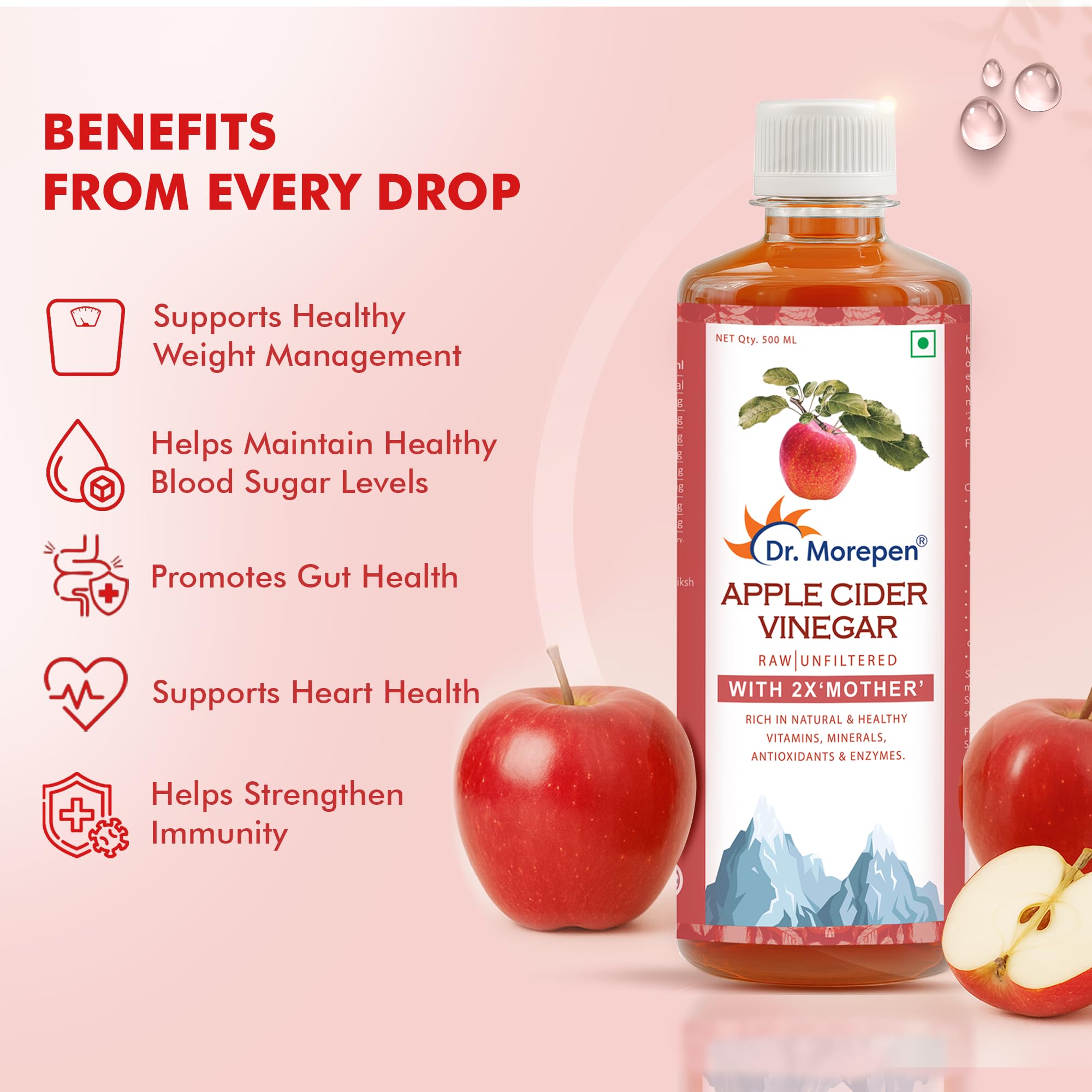 DR. MOREPEN Apple Cider Vinegar | 100% Unpasteurized & Naturally Fermented | For Weight Management, Immunity, Skin & Hair | 500ML