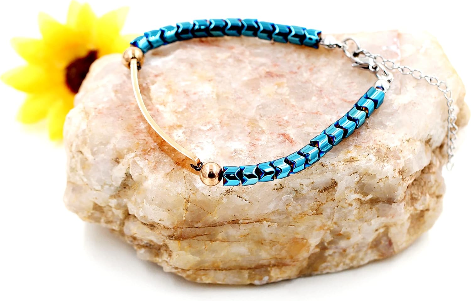 Customize Engrave Name Bracelet - Blue Hematite Stone Beads Stainless Steel Chain Bracelet - Personalized Name ID Rose Gold Color Plate Bracelet for Women Men Y1904