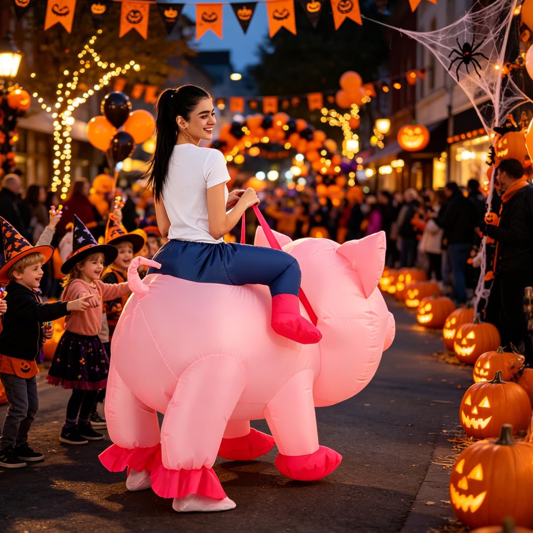 JASHKE Costume Gonfiabile da Maiale per Adulti Cavalca su un Vestito Gonfiabile da Maiale Rosa Costumi Gonfiabili Divertenti Carnevale di Halloween Natale