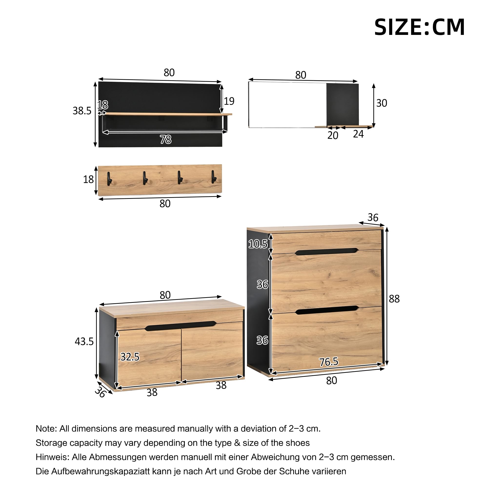 Garderobe Set Garderobenschrank mit Spiegel, Holzfarbe, 156x36x176 cm