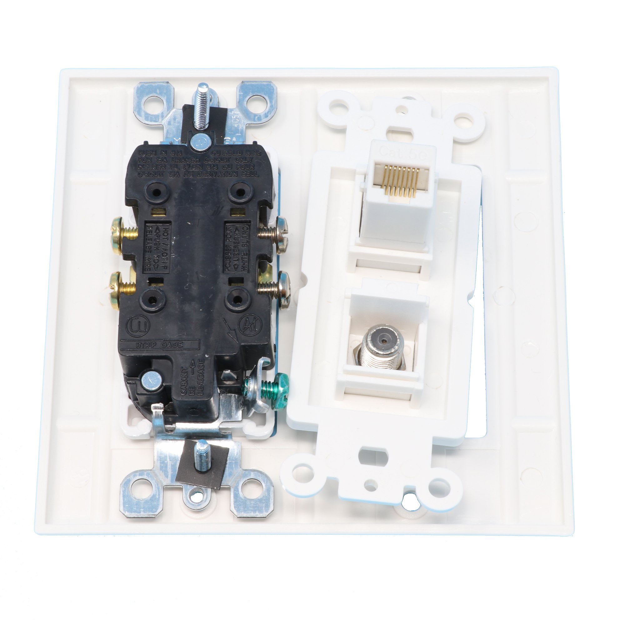 RiteAV Piastra A Muro Combinata: 2 Prese Elettriche 15A 125V + 1 Porta RJ45 Cat5e + 1 Coassiale, Connessione Tool-less, Adatta A Scatole Standard - 5