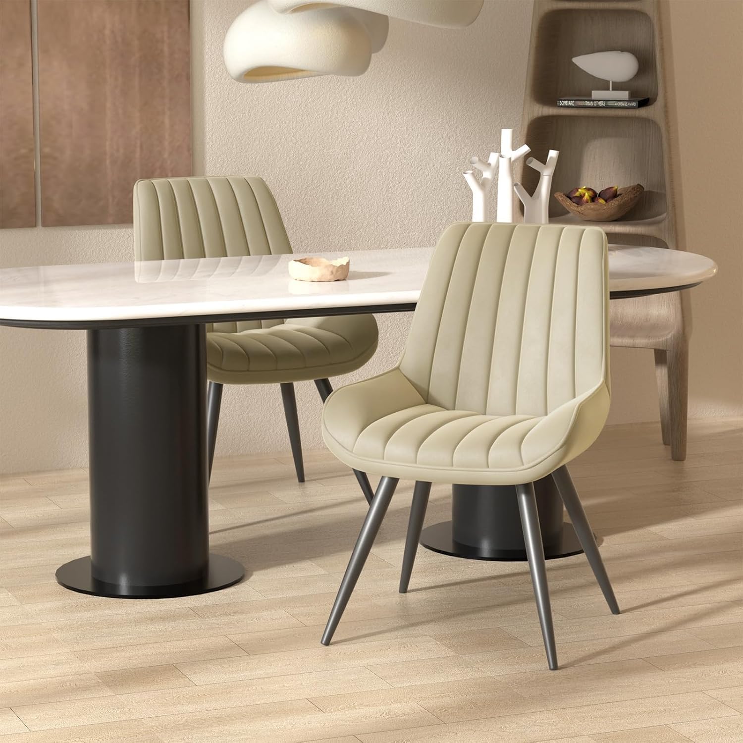 Hawthyhome Esszimmerstühle 2er Set Polsterstühle mit 10 cm Dicke Sitzkissen Künstlicher Stoff Dining Chair Küchenstuhl mit Rückenlehne Moderne Sessel Metallbeine Beige