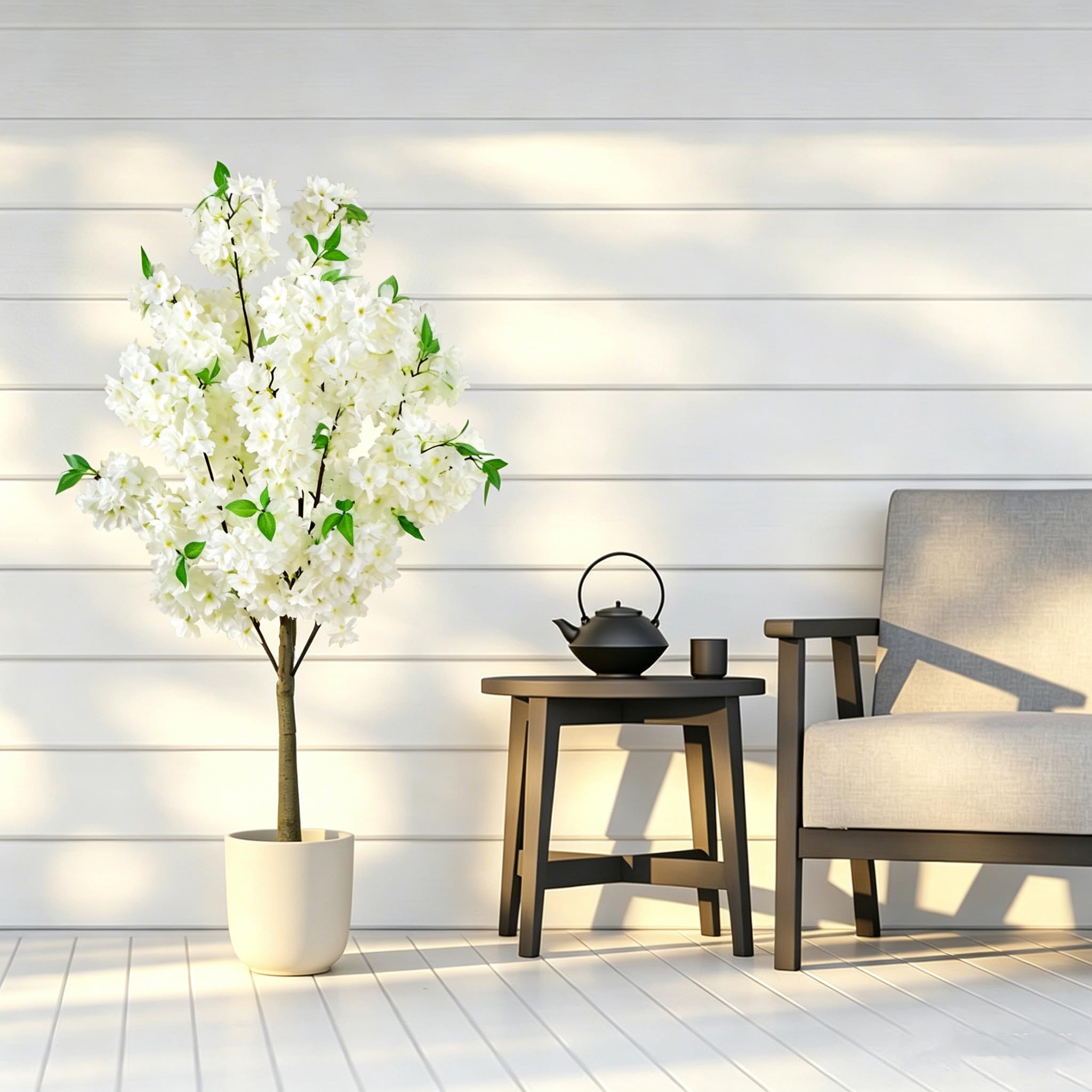 Árbol de Cerezo Artificial Grande 120 cm, Blanco Planta Imitación Floral con Maceta Incluida, Decoración Interior y Exterior para Casa, Eventos y Hoteles