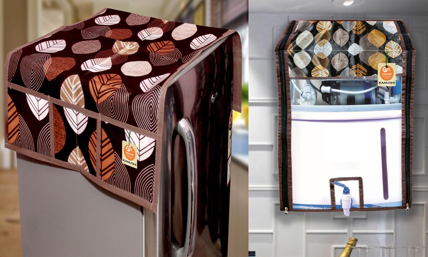 KANUSHI Industries® Fridge Cover for Top/Refrigerator Cover+1 Pc Water furifier Cover(FRI+RO-Brown-Long-LEVS)