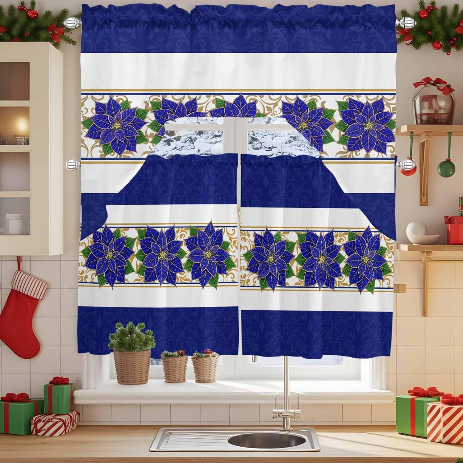 Christmas Swag Kitchen Curtain Sets with Valance,3 Pieces Rod Pocket Curtain Drapes for Bedroom Living Room Windows,Luxury European Classic Navy Blue Flower Berries 56''x36'' & 24''x27.5''x2Panels