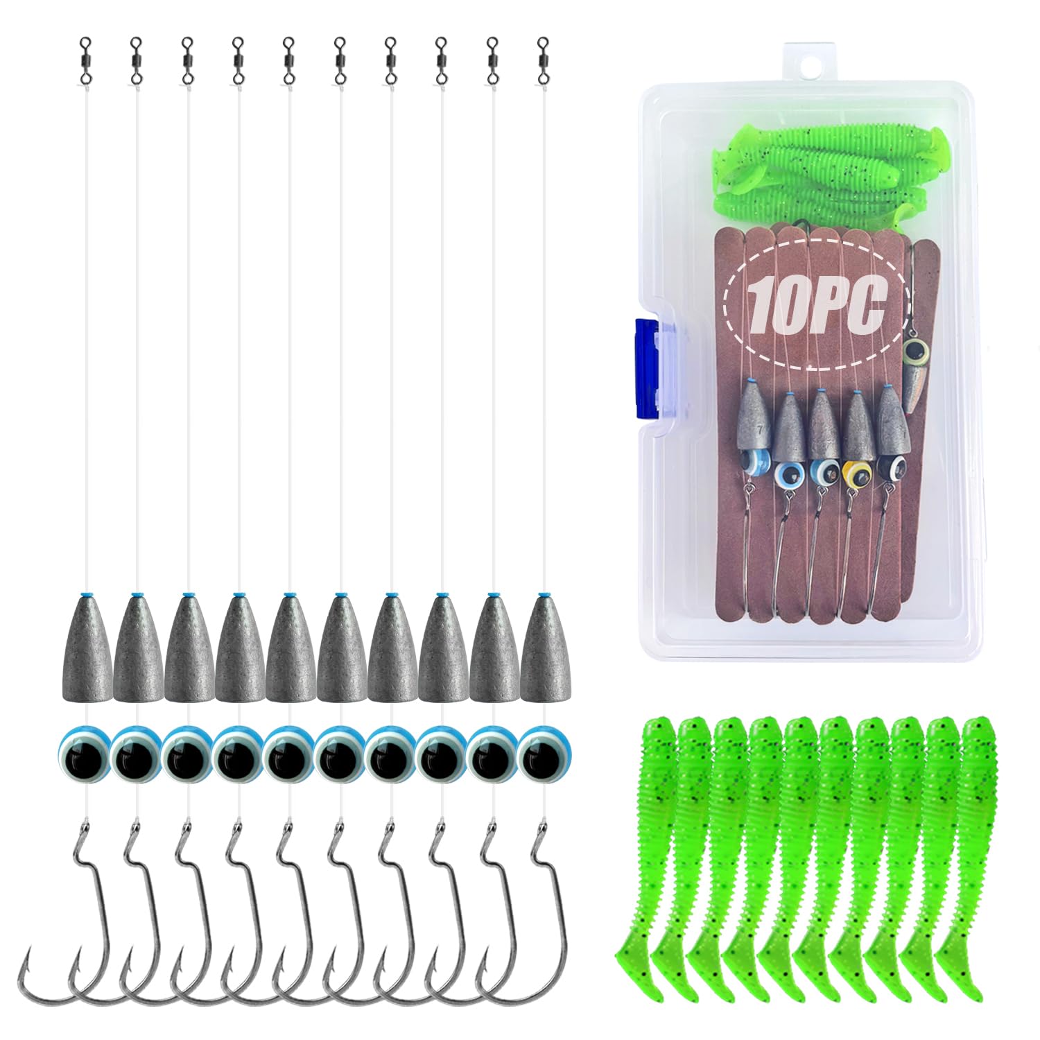 Gxamz 10PCS Texas Rig for Bass Fishing Pre Rigged Leader Line Kit with Soft Bait Hook Weight Swivel Fish Rig