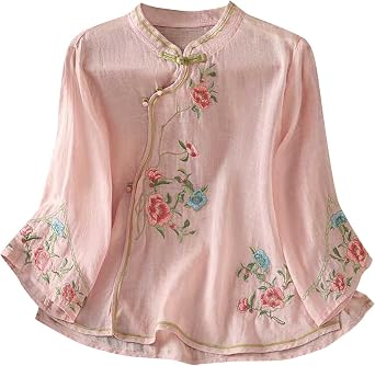 Mzkdieey Womens Cotton Linen Retro Chinese Frog Button Tops Traditional Mandarin Collar Shirts Floral Embroidered Blouse