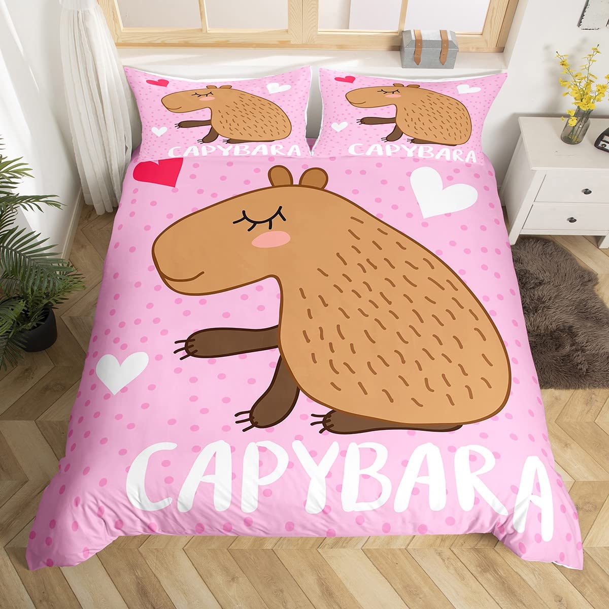 Manfei Cute Capybara Duvet Cover Set Single Size, South America Animal Bedding Set 2pcs for Kids Boys Girls Bedroom Decor, Pink Dots Print Comforter Cover Soft Polyester Quilt Cover with 1 Pillowcase — image 1