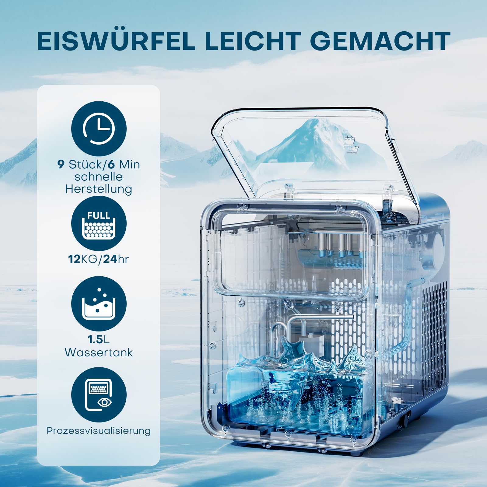 QEXREED Eiswürfelmaschine, 9 Würfel in 6 Minuten fertig, 12KG/24H, Eiswürfelbereiter Ice Cube Maker, Eiswürfelmaschine Klein mit Tragbarem Griff und Korb, 2 Eiswürfel-Größen, Selbstreinigendes