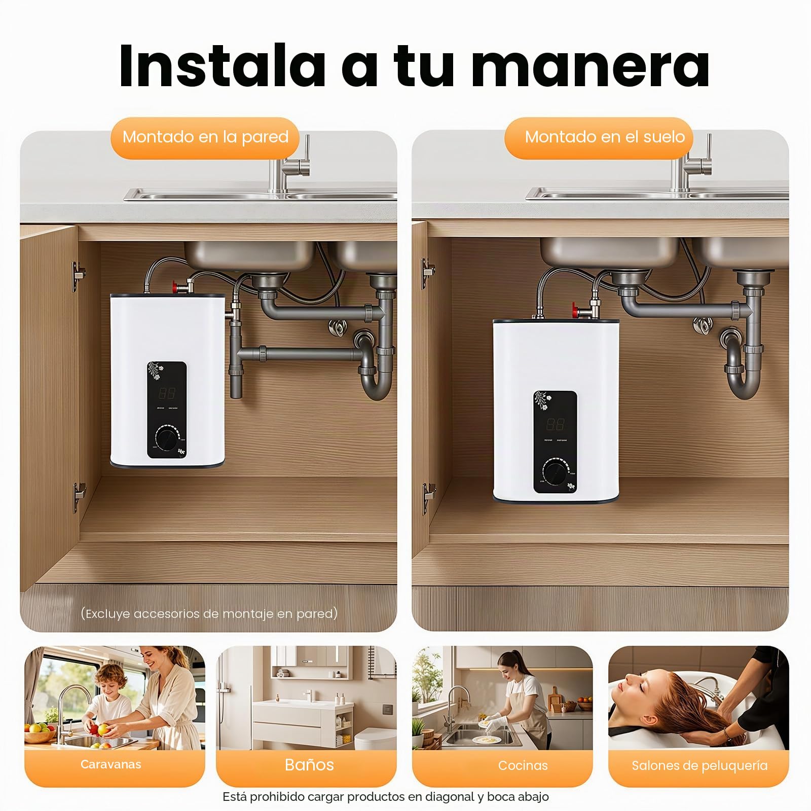 MINRS Calentador de agua caliente de 8 litros, para debajo de la mesa, 1500 W, pequeño depósito de agua caliente resistente a la presión con función de termostop, caldera bajo el escritorio, 0 – 65 ℃,