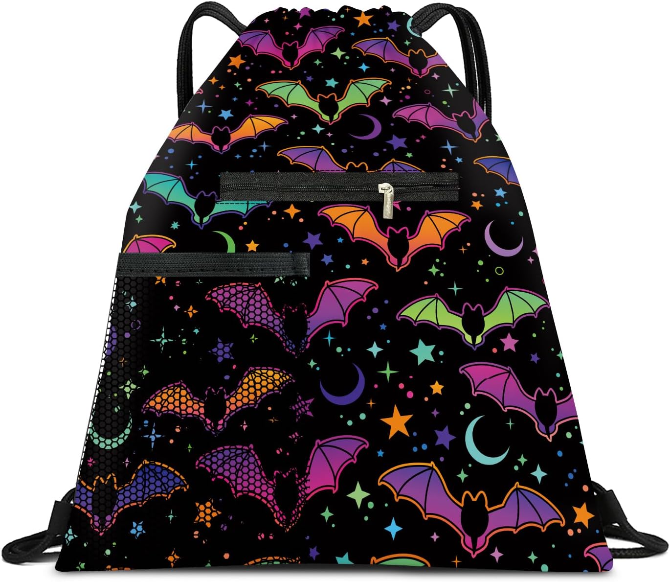 Drawstring Backpack Sports Gym Bag, Large String Swim Bag for Beach With Water Bottle Mesh Pocket, Cute Gym Sack with Zipper Pocket for Men Women Cute Purple Bats