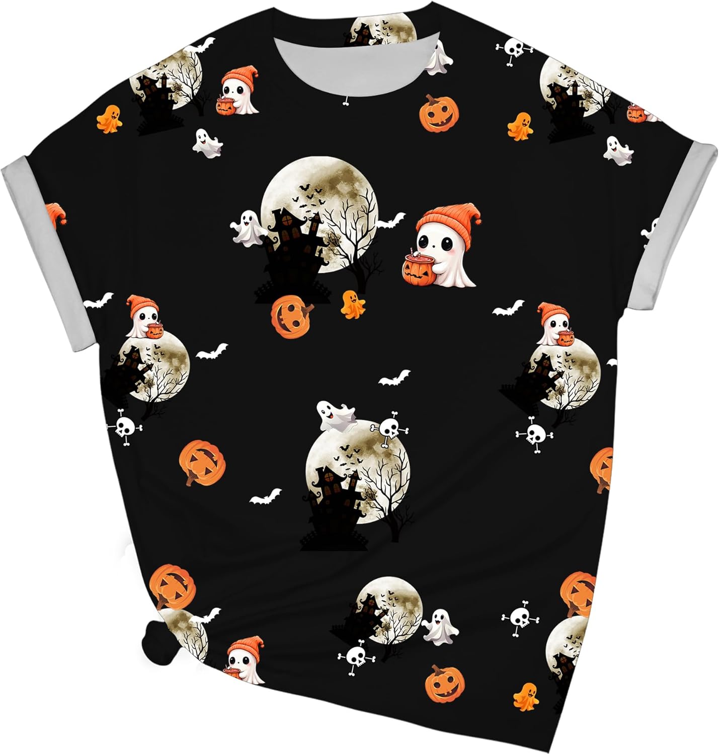 Halloween Shirts for Women: Castle Pumpkin Pattern Halloween Party Short Sleeve Costumes Crewneck T-Shirt - Image 2