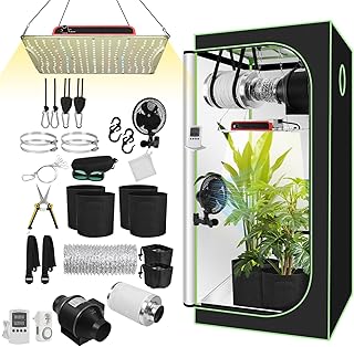 Growzelt Komplettset 80x80x160cm mit 200W Flach LED Grow Lampe, Belüftungsset & Aktivkohlefilter, Vollspektrum Hydroponik