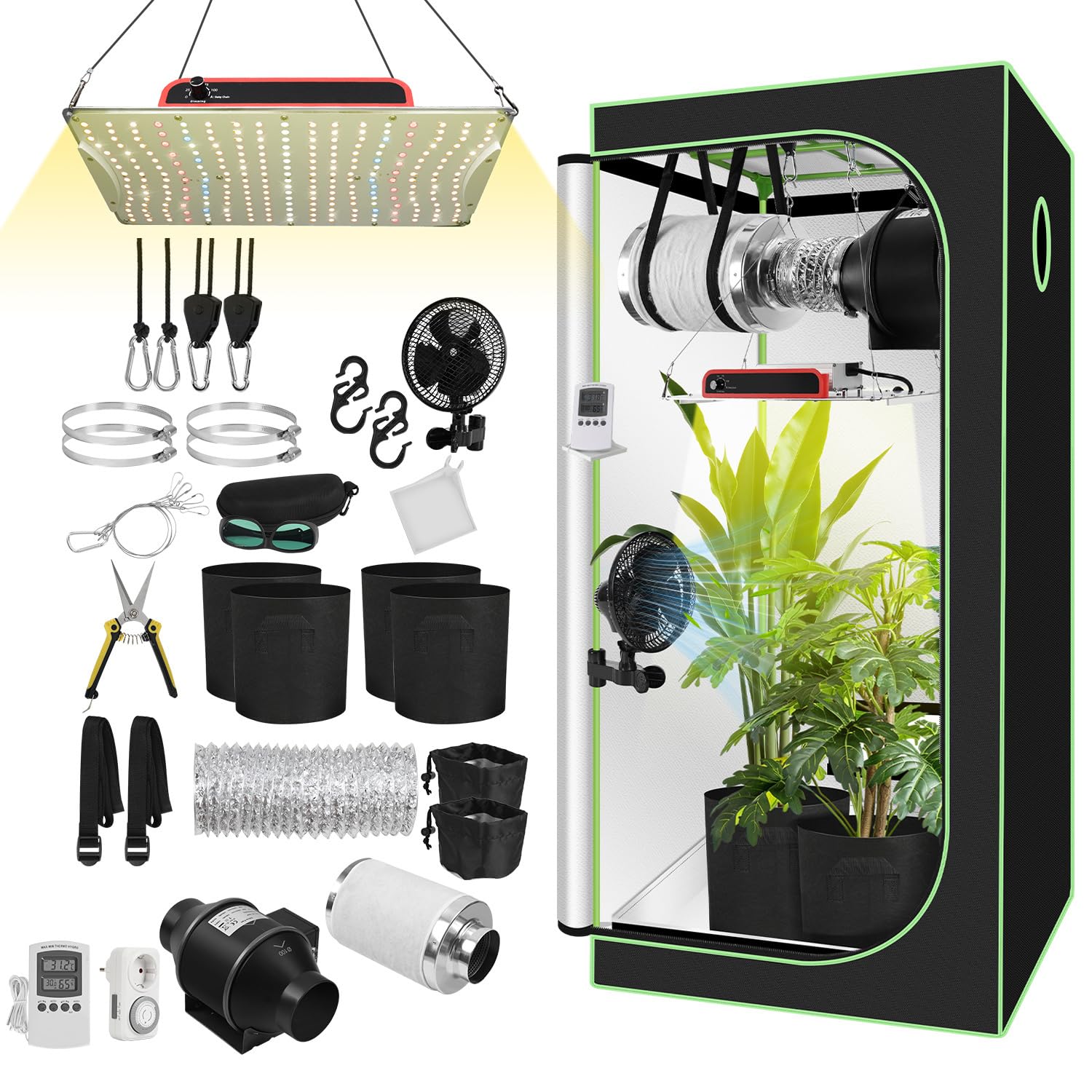 Kit Completo de Cultivo en Invernadero 80x80x160cm con Lámpara LED Plana de Cultivo de 200W, Conjunto de Ventilación y Filtro de Carbón Activo, Hidroponía de Espectro Completo