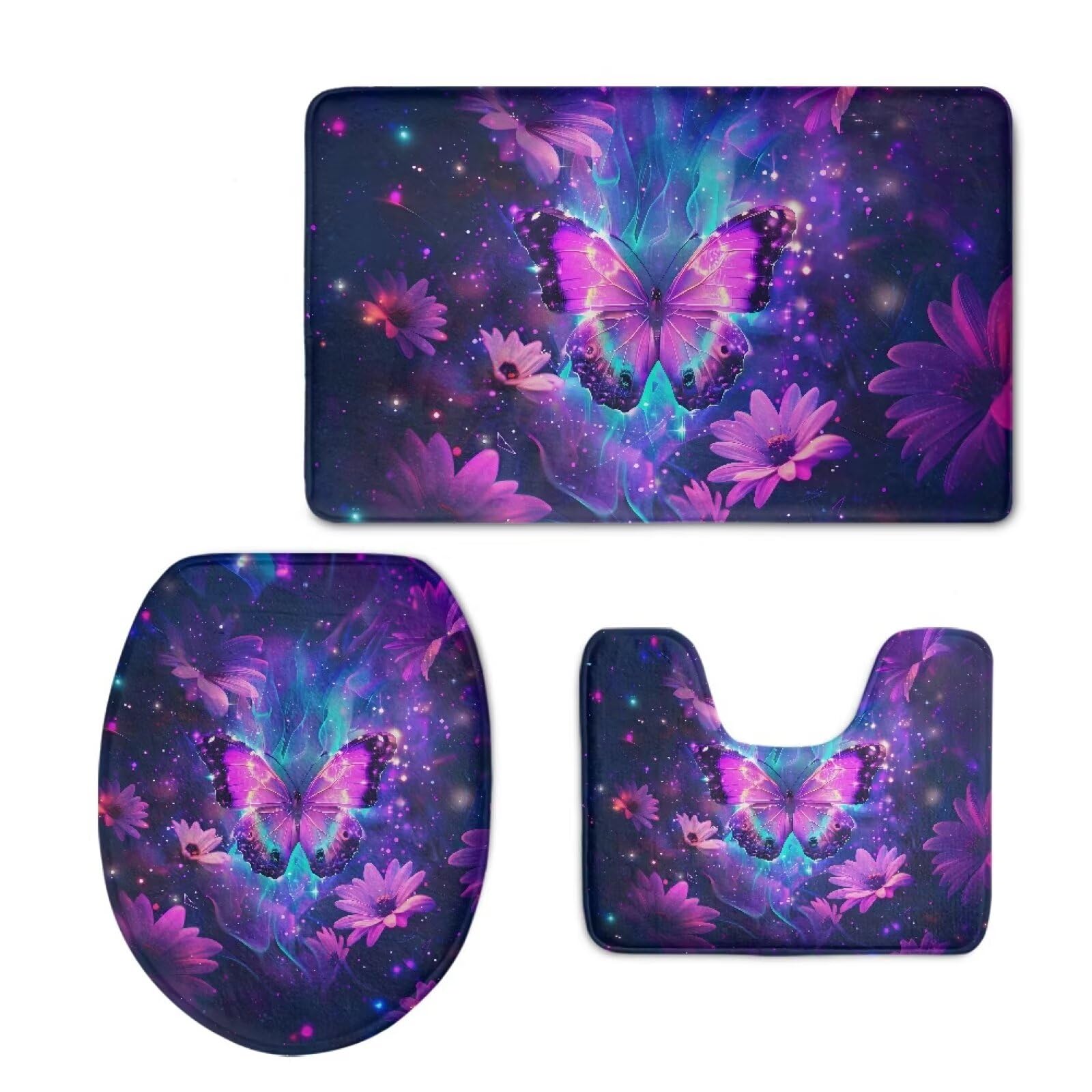 Flashideas Purple Butterfly Bathroom Rugs Sets 3 Piece Absorbent Bath Mat Set Toilet Lid Cover and Contour Mat Ultra Soft Bath Mat Non-Slip and Super