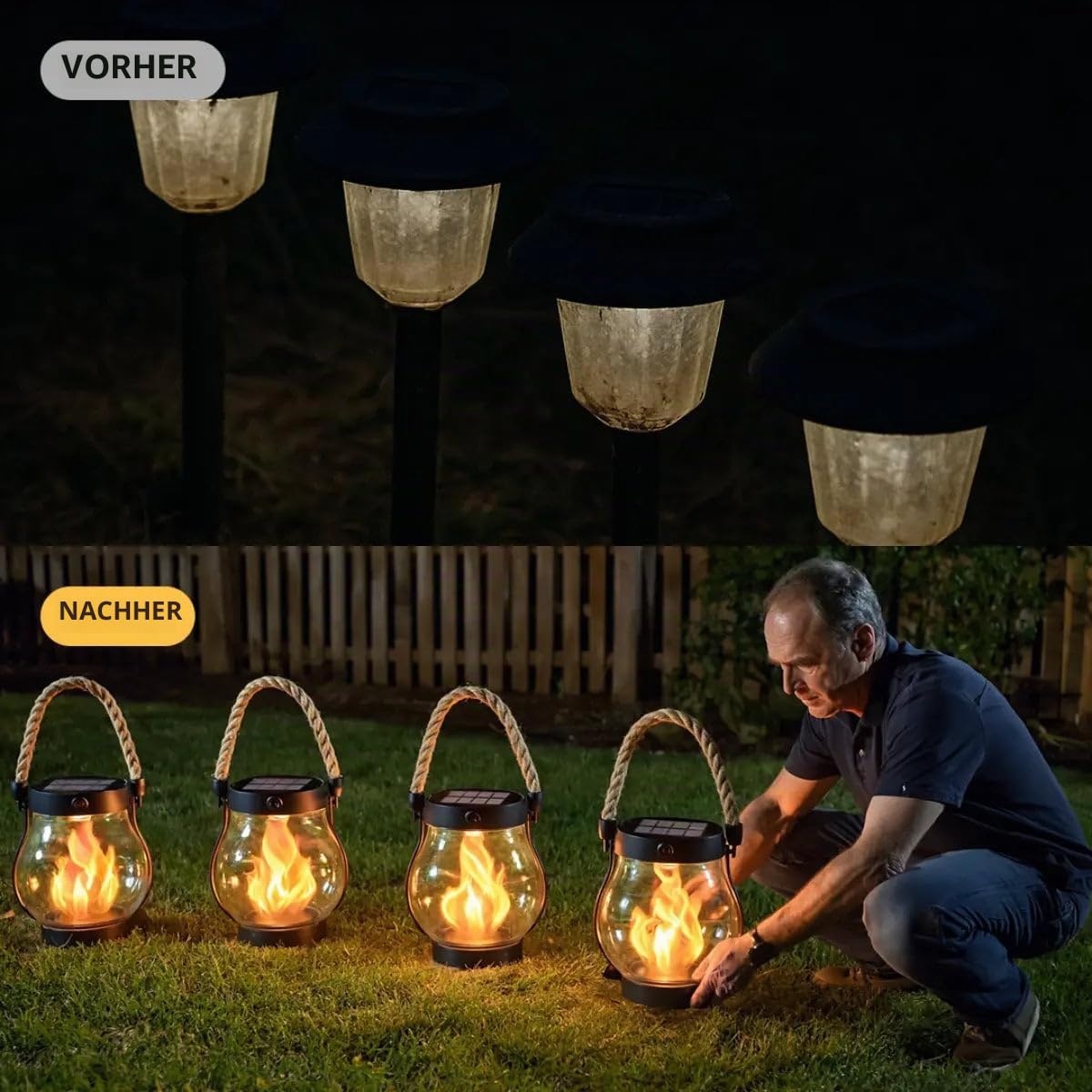 kaliqo solar lantern outdoor lights Flammen-Solarlaterne für Draußen - Realistische Flammeneffekte, 1500 mAh Solar Laternen, 2-in-1 Solarladung und USB wiederaufladbar, IPX4, Gartenbeleuchtung
