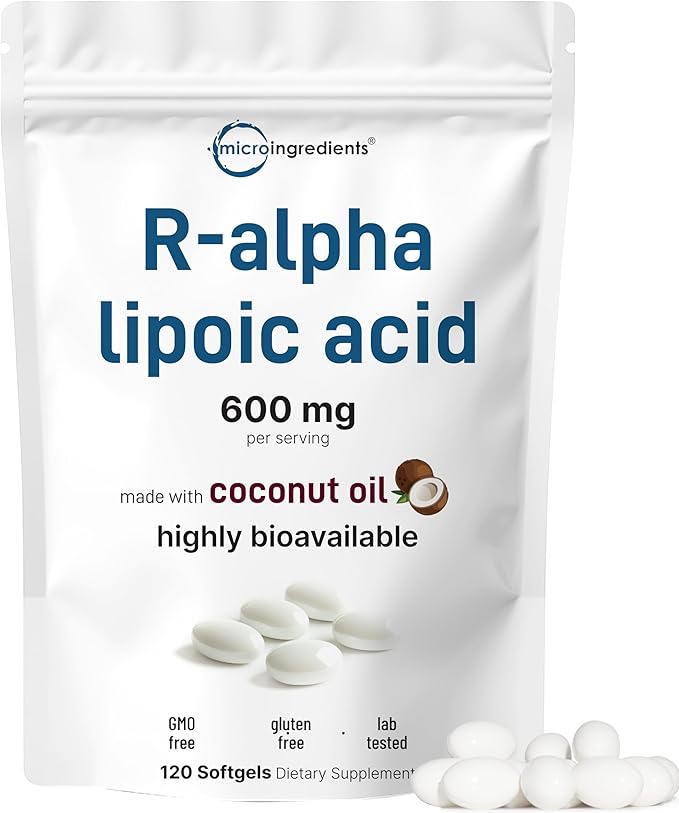 R Alpha Lipoic Acid 600mg with Coconut Oil, 120 Softgels | Highly Bioavailable Active Form | ALA Supplement for Antioxidants, Nerve, Heart, & Liver Support | Non-GMO, Gluten Free, No Soy
