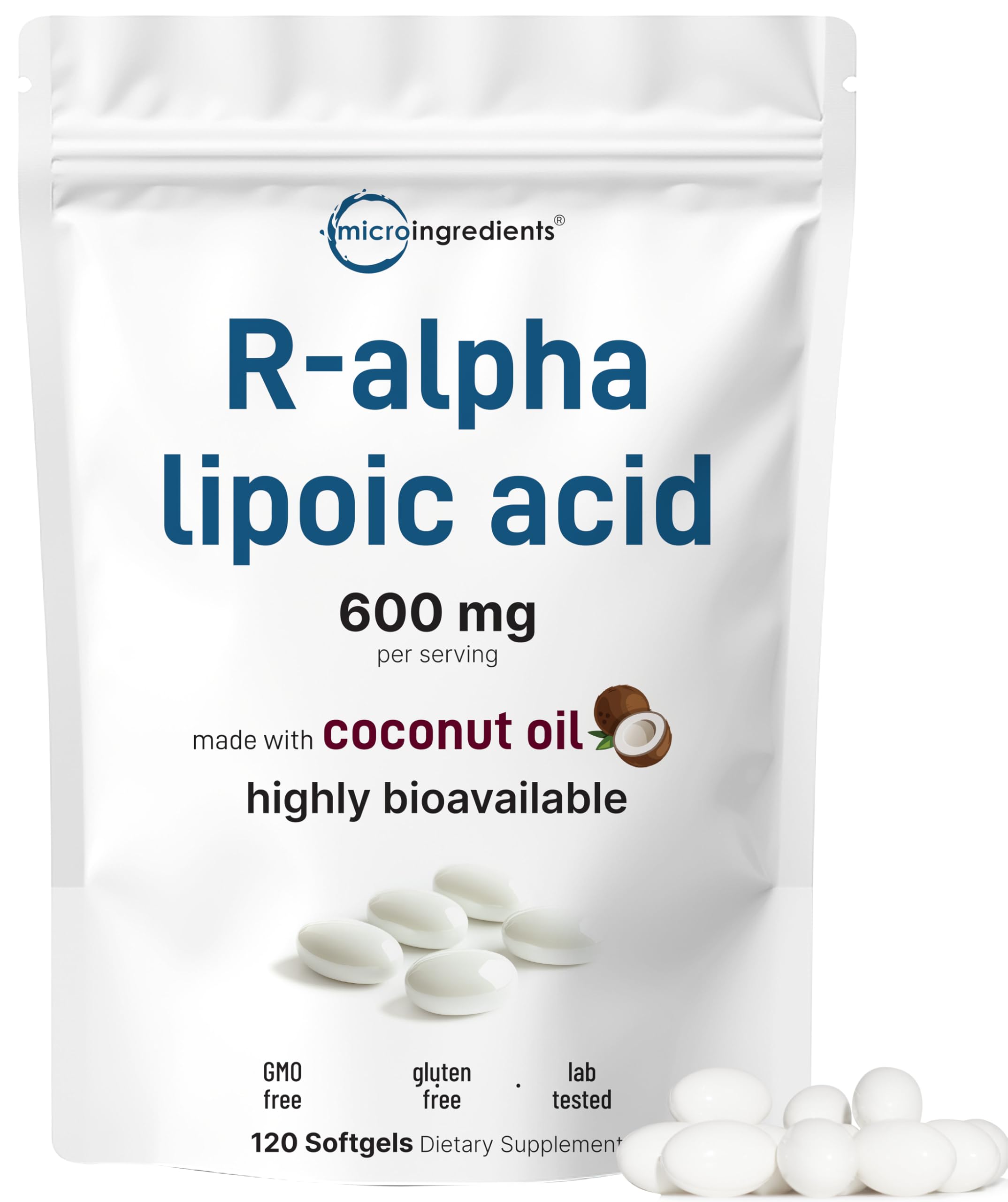 R Alpha Lipoic Acid 600mg with Coconut Oil, 120 Softgels | Highly Bioavailable Active Form | ALA Supplement for Antioxidants, Nerve, Heart, & Liver Support | Non-GMO, Gluten Free, No Soy