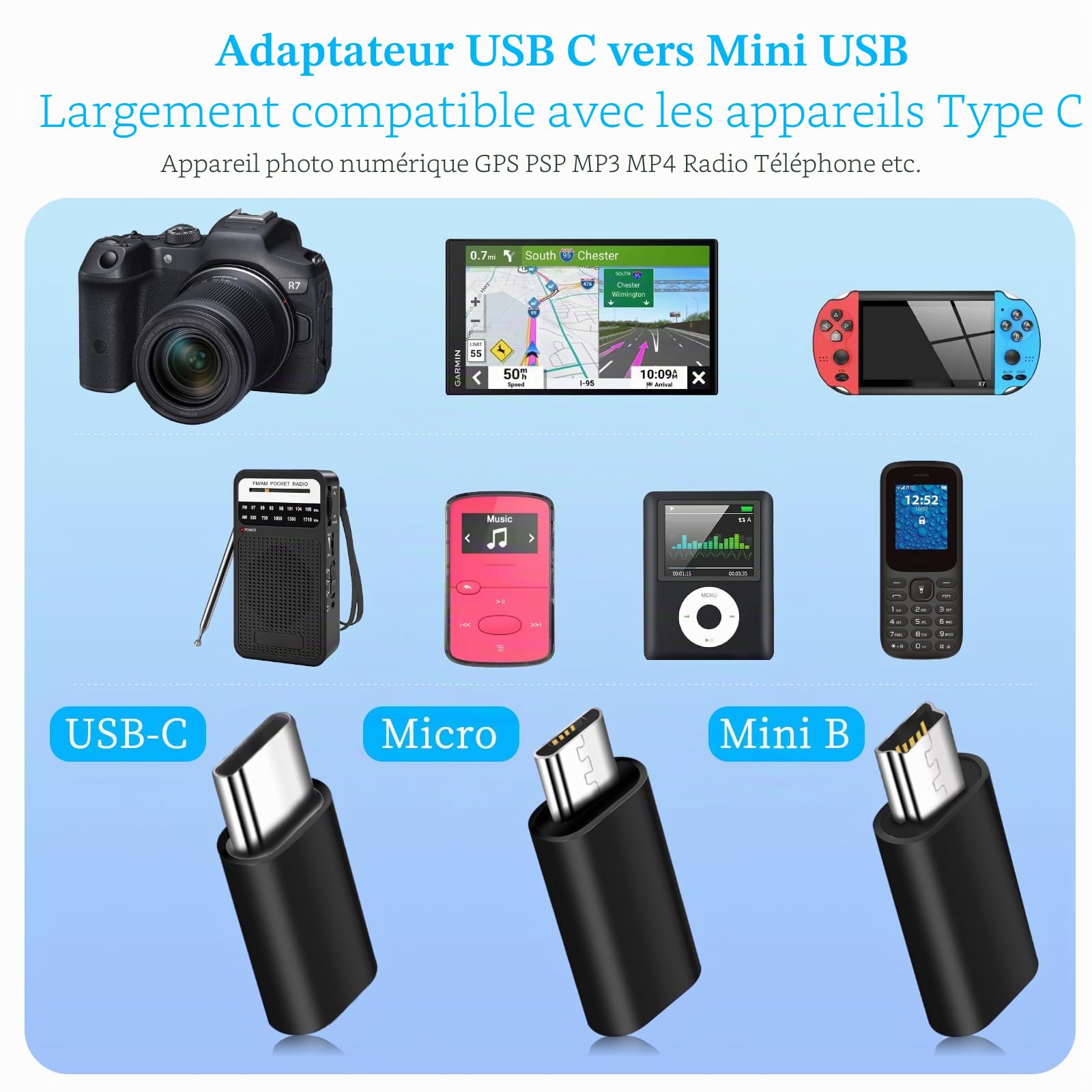 Adaptateur USB C 6 pièces USB C vers Mini USB Micro USB vers USB C Compatible Ordinateurs Portables LG