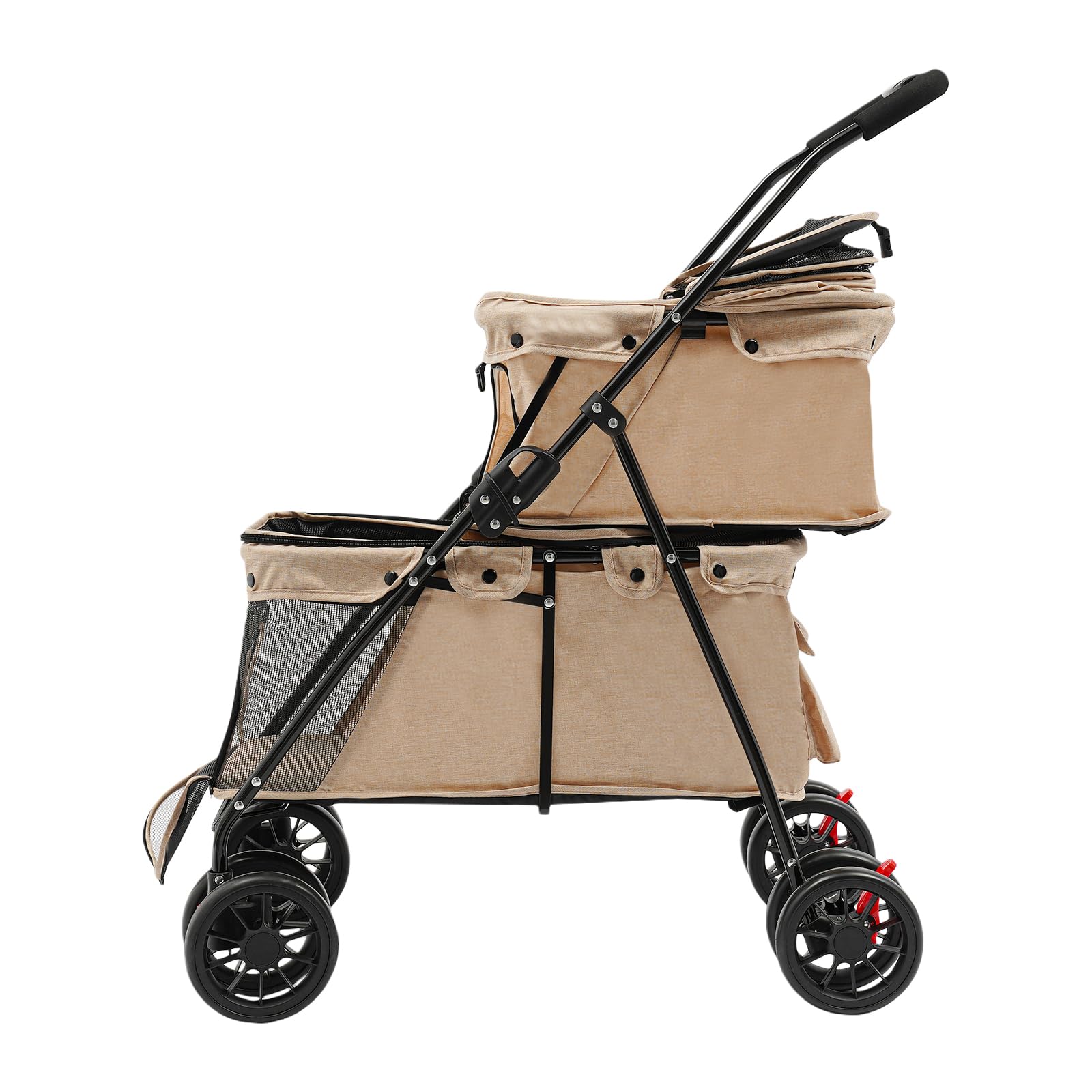Carrito plegable de 2 niveles para perros y gatos pequeños y medianos con ruedas, cinturones de seguridad y bolsa de almacenamiento, para múltiples mascotas (caqui)