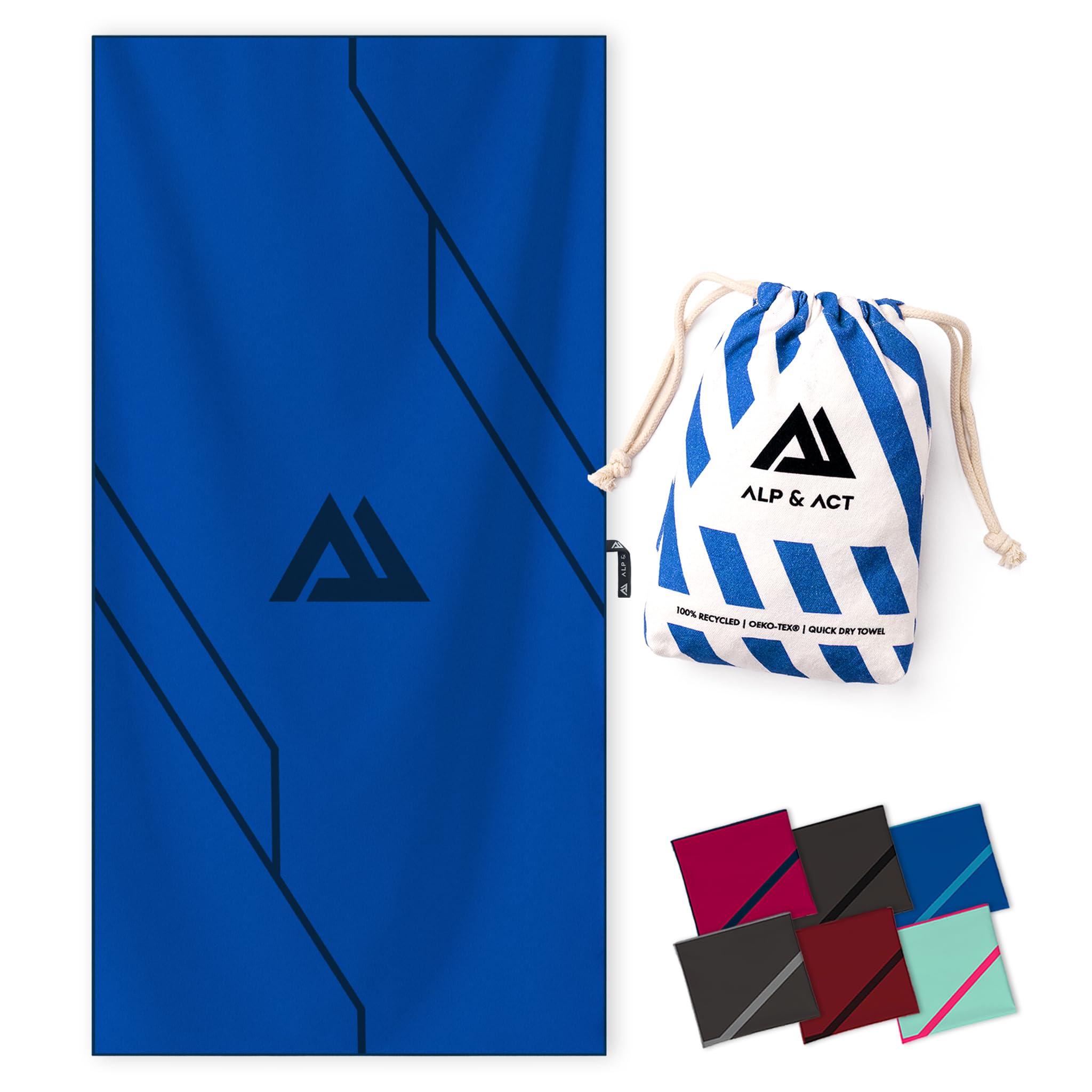 ALP & ACT Microfibre Gym Towel - 100% Recycled - SUPER LIGHTWEIGHT & Quick Dry - Extra Compact: Yoga Towel, Sports Towel, Gym Accessories, Travel - Microfibre Towels: Men & Women - night blue, 180x90