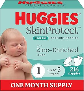Huggies Skin Protect Newborn Nappies Size 1 (up to 5kg) 216 Count - One Month Supply (Packaging May Vary)