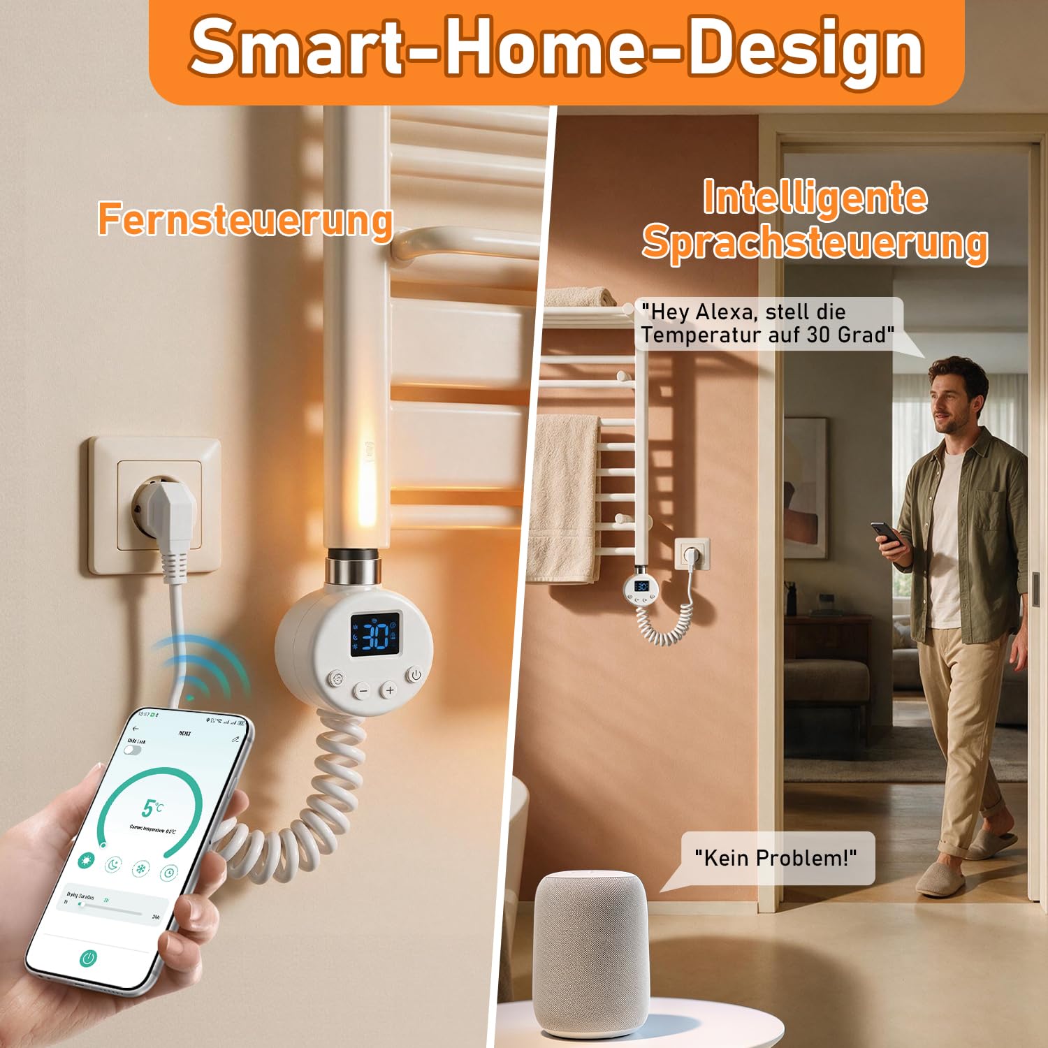 WiFi Heizstab 600W Weiß für Badheizkörper, 4 Heizmodi