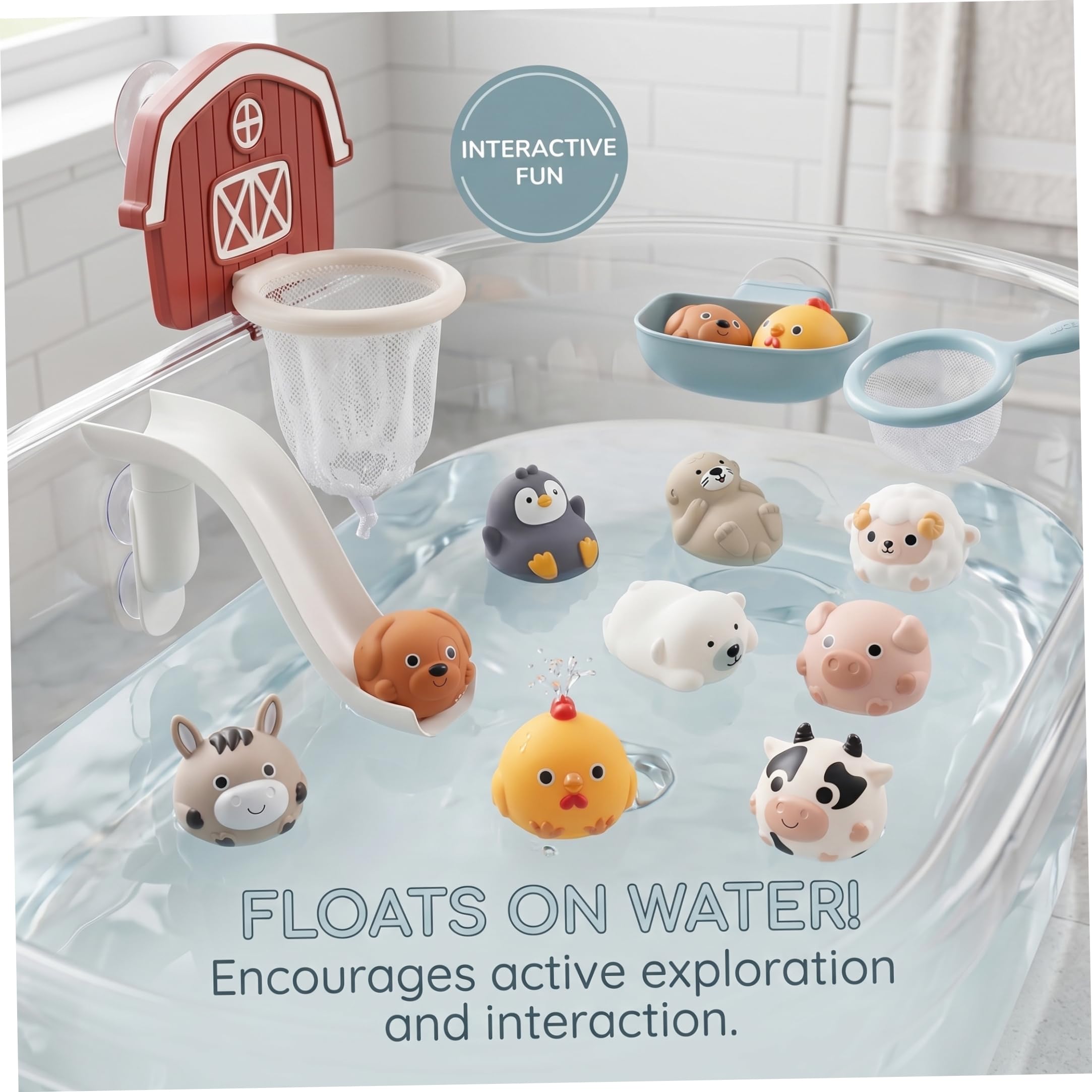 Jouets de bain pour enfants de 1 à 3 ans ensemble 13 pièces comprenant un toboggan avec animaux flottants un cerceau et filet et jeu interactif pour le bain des bébés filles garçons.