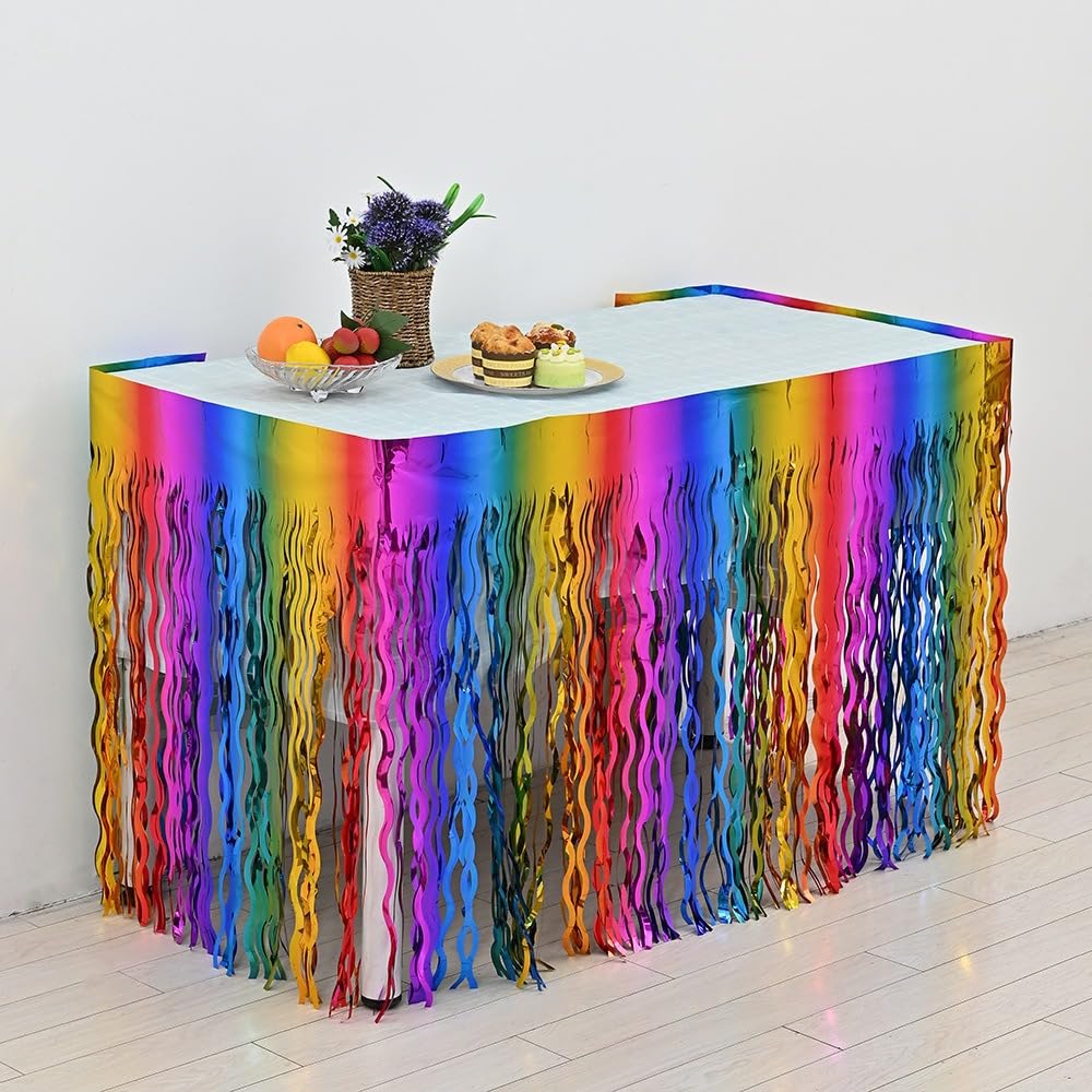 2 Pack Metallic Tinsel Foil Fringe Table Skirts, Oirznnd Wavy Rainbow Fiesta Party Decorations for Birthday Party Event Wedding Christmas Parade Floats Bridal Shower Halloween Unicorn Trial Wedding