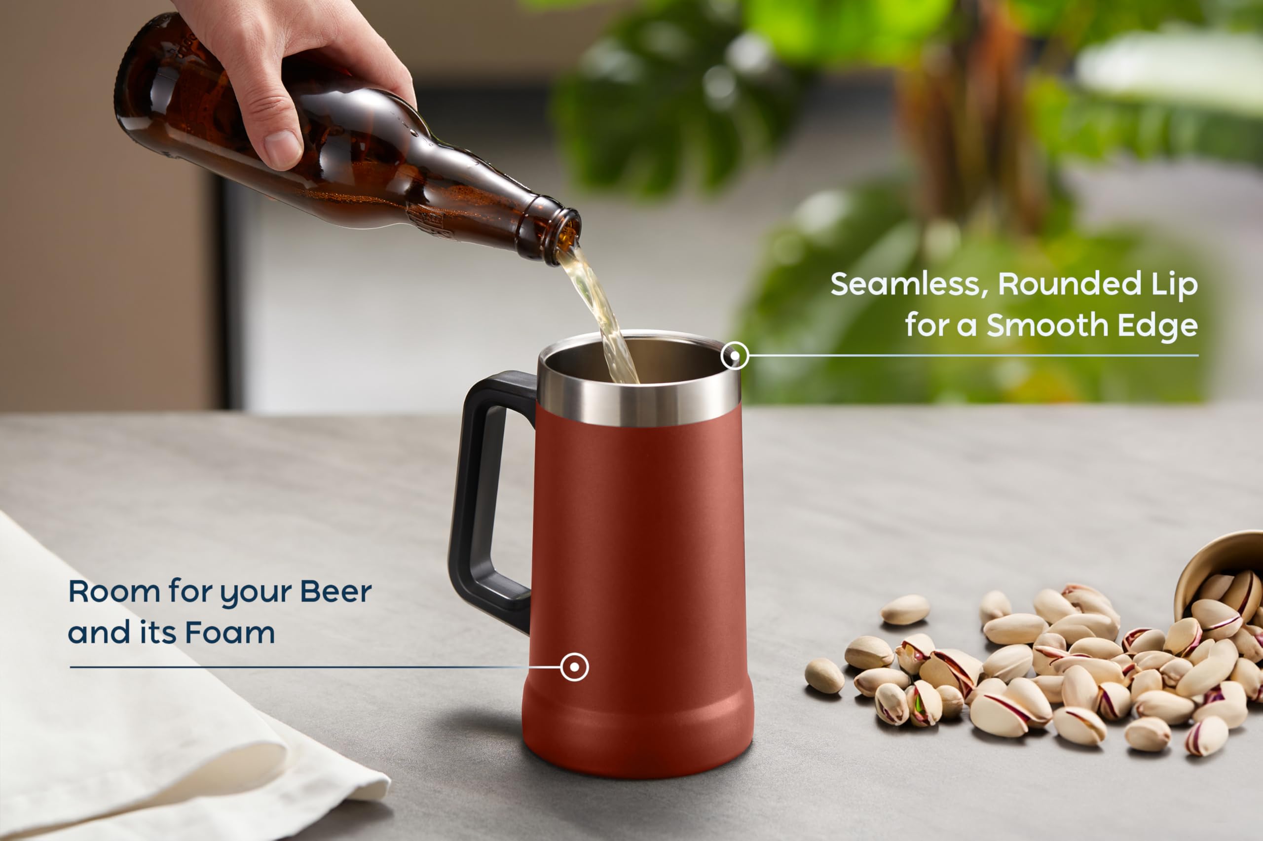 KooK Beer Stein, Stainless Steel Coffee Mug, Tumbler with Thermal Vacuum Insulation, Double Walled Drinking Cup, Large Handle, Shatterproof, Dark Terracotta, 23.7 oz