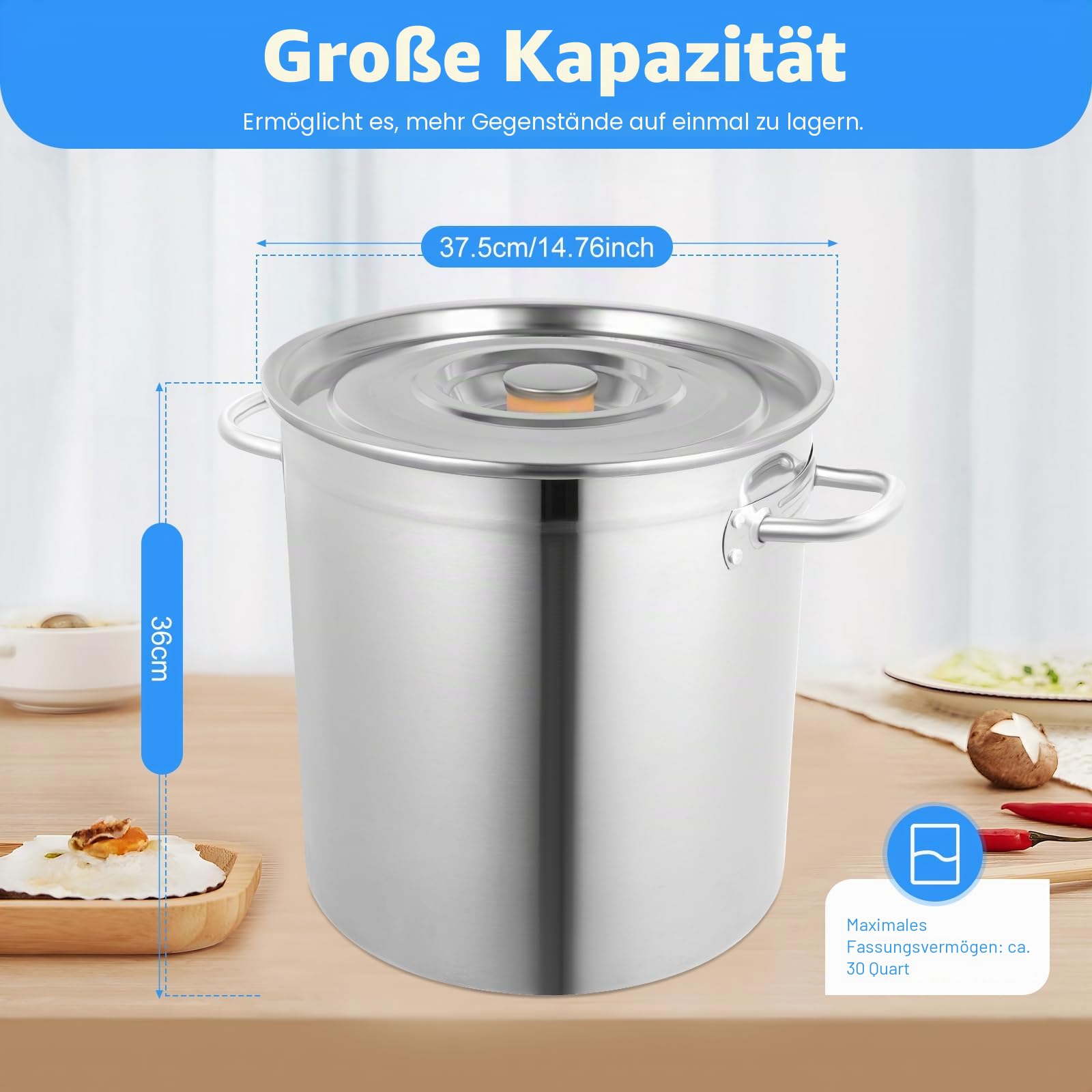 35L Vorratttopf mit Deckel, große Töpfe zum Kochen Edelstahl Stockpots Deep Cooking Topf Canning Kochgeschirr Heavy Duty Induktionssuppe Topf