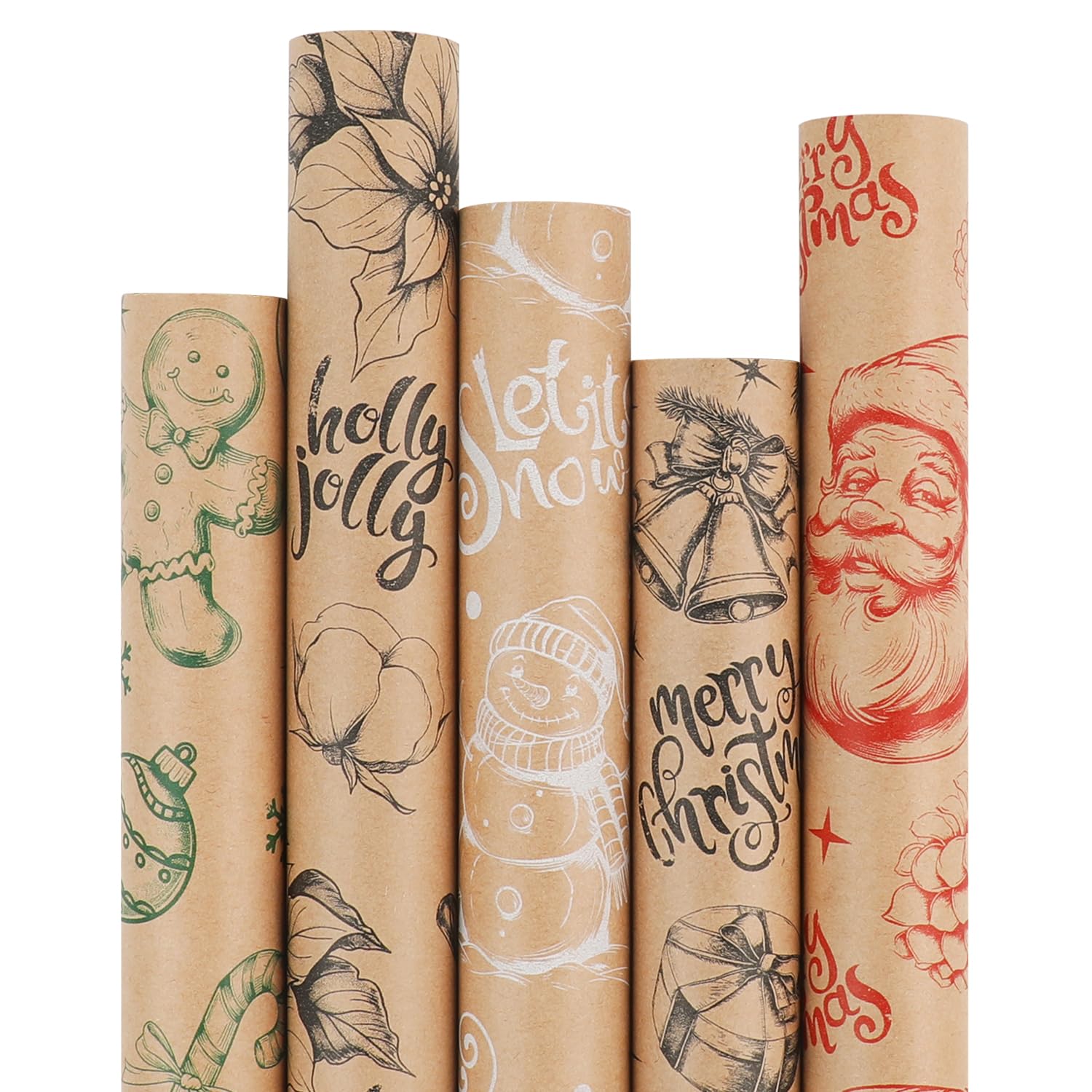 WRAP STORM Christmas Wrapping Paper Set β 5 Rolls (43cm x 3m) β Vintage Kraft Paper with Santa, Gingerbread, Tree Designs β Gift Wrap for Xmas