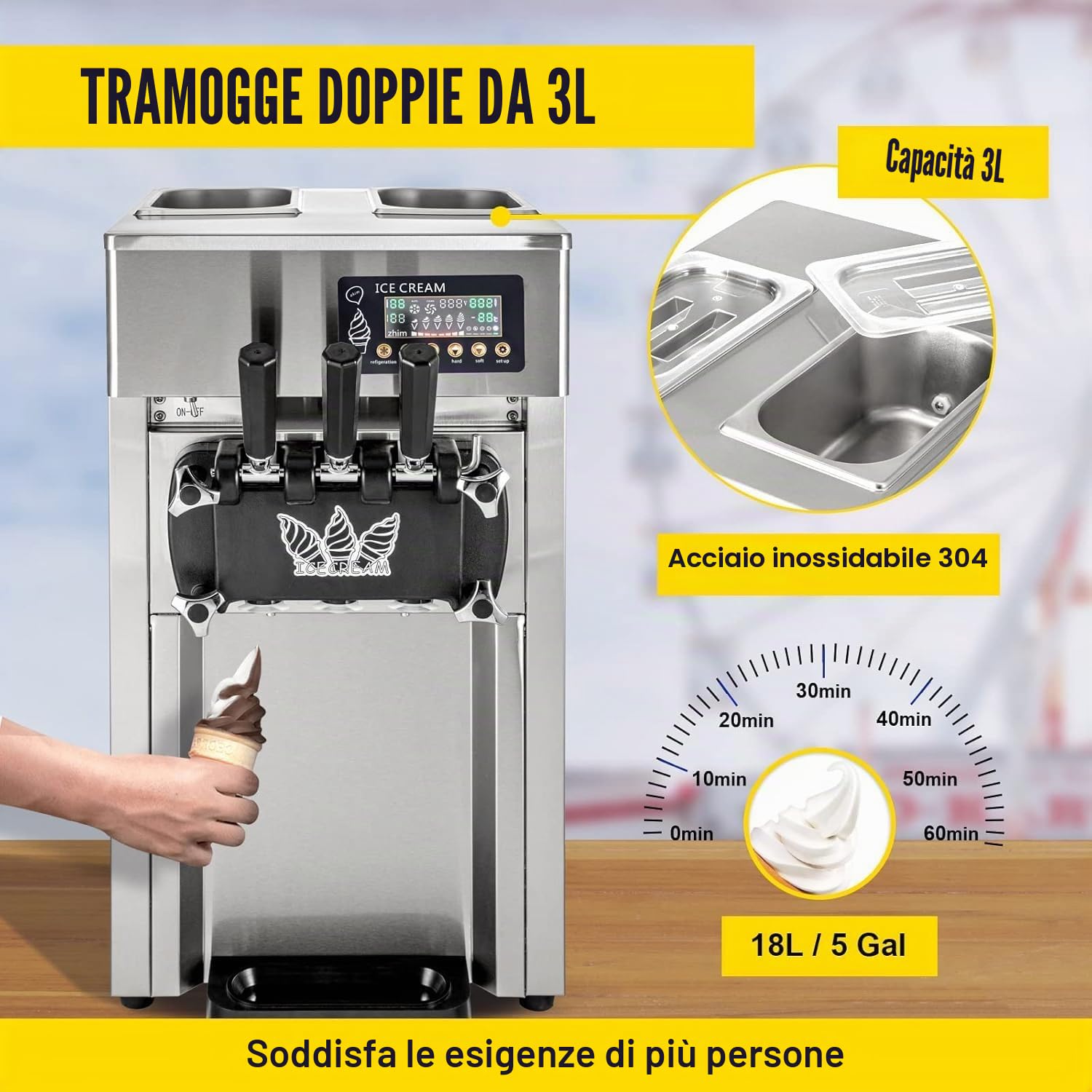 Macchina per Gelato Commerciale 18L/H 3 Sapori, 1200W macchina gelato soft professionale, Pannello LCD, Pre-Raffreddamento Pulizia Automatica, per Yogurt Caffè Snack-Bar Ristorante