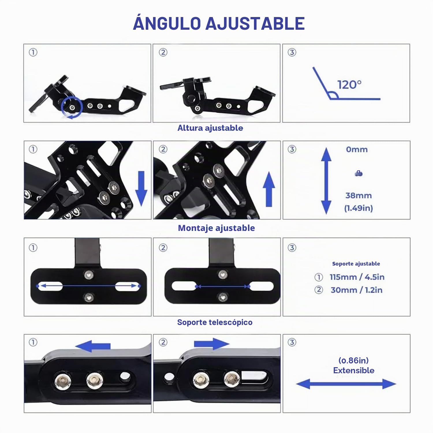 Soporte de matrícula para Motocicletas con iluminación LED giratoria Izquierda y Derecha. Soporte de matrícula Ajustable de Aluminio para la mayoría de los Modelos de Motocicletas