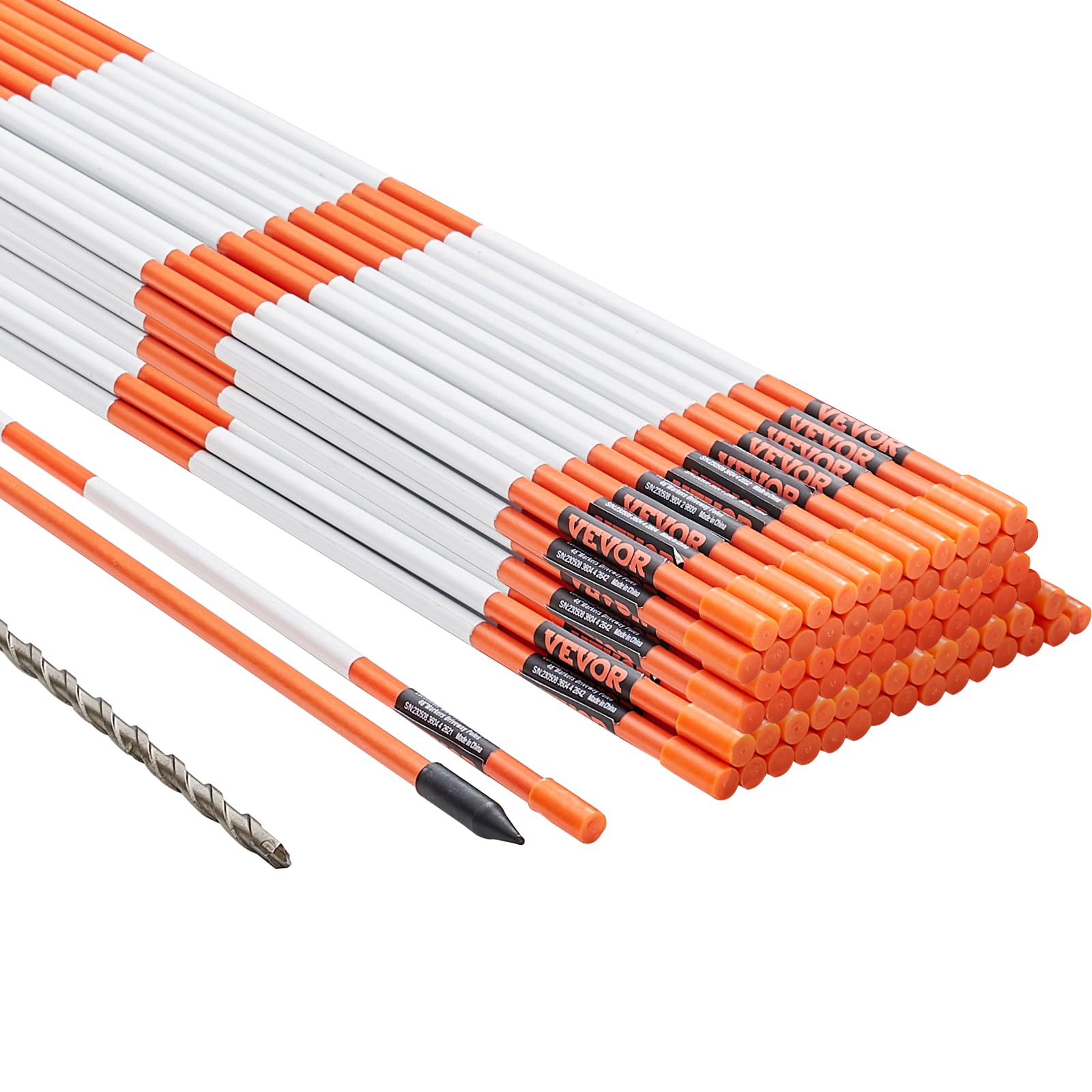 VEVOR Marqueurs d'Allée Lot de 100 Piquets à Neige Fibre de Verre Orange 0,78x121,5 cm Grande Visibilité Bande Réfléchissante Foret Acier d'Installation 30 cm Gants de Protection pour Parkings, Allées