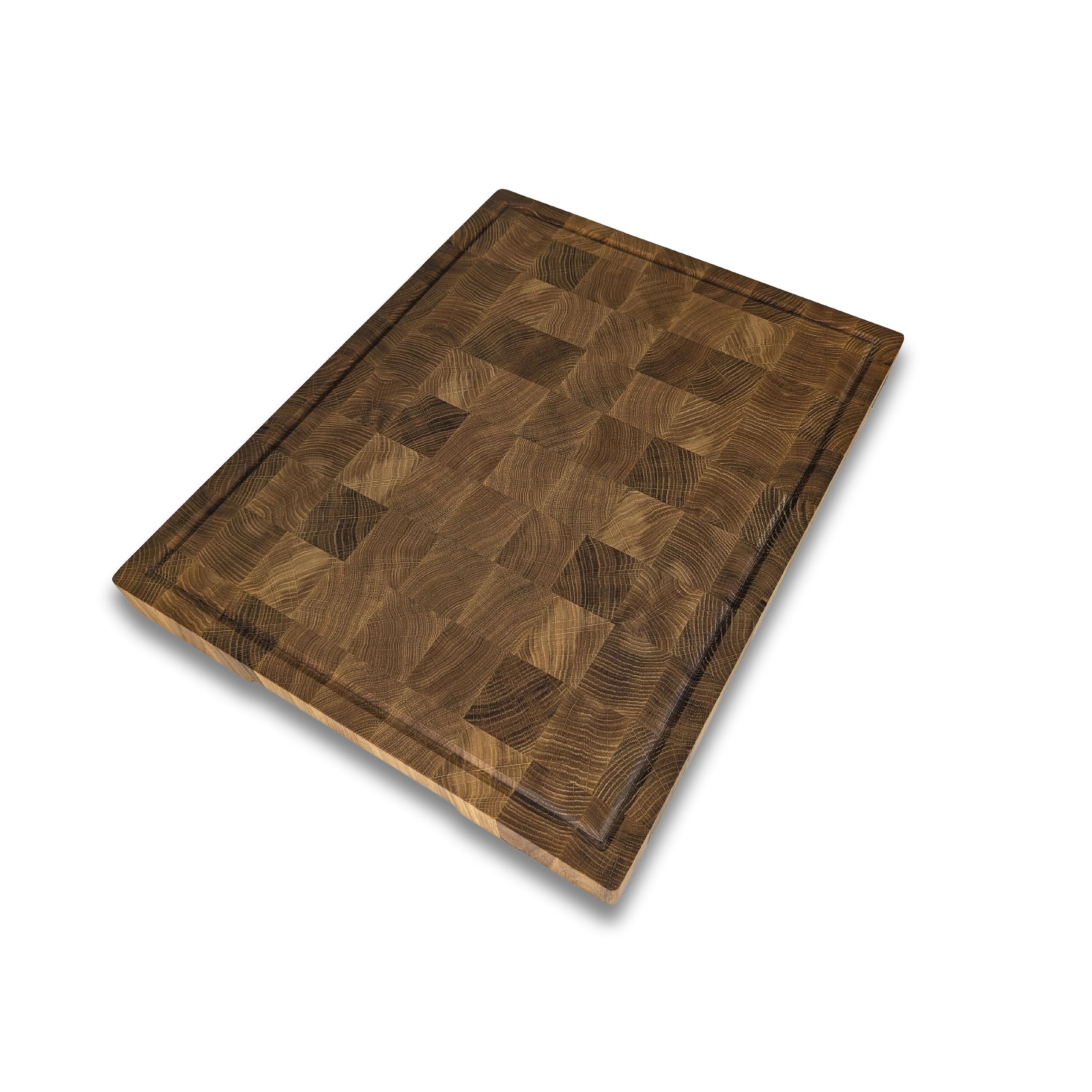 XL Premium Stirnholz Schneidebrett Eiche 50x40x4,5 cm mit Saftrille – Massives Küchenbrett Holz mit Griffmulden & Silikonfüßen – Schneidebrett Eiche massiv