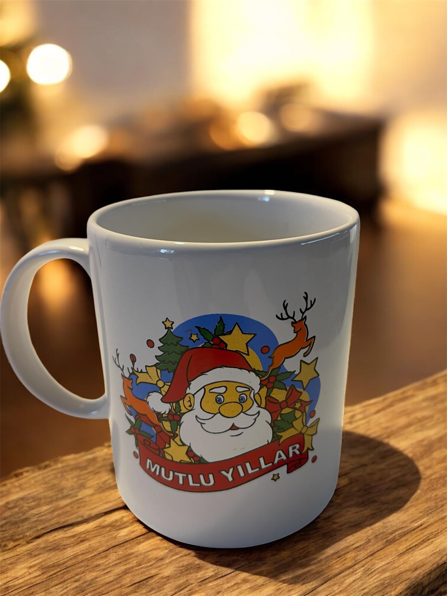 Mutlu Yıllar Noel Baba Temalı Porselen Kupa, Beyaz, Yeni Yıl Dekorlu, Kahve Çay Bardağı (mutlu yıllar noel kardan adam)