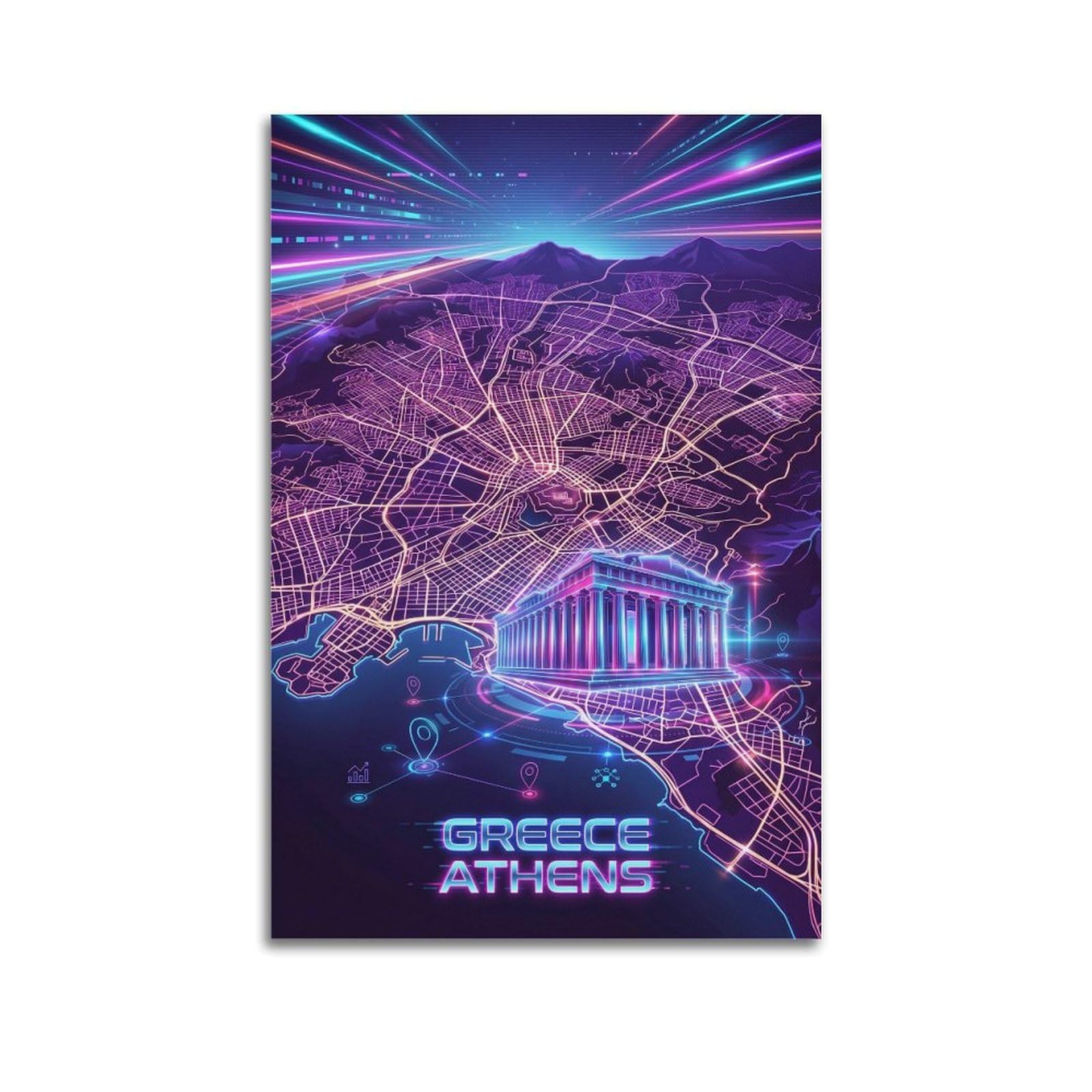 XKUGA Cyber Neon City Map Poster Athens Greece Modern Decorative Canvas Prints - Ideal Wall Art for Family, Man Cave, Game Room, Boys & Girls Bedroom 24x36inch(60x90cm)