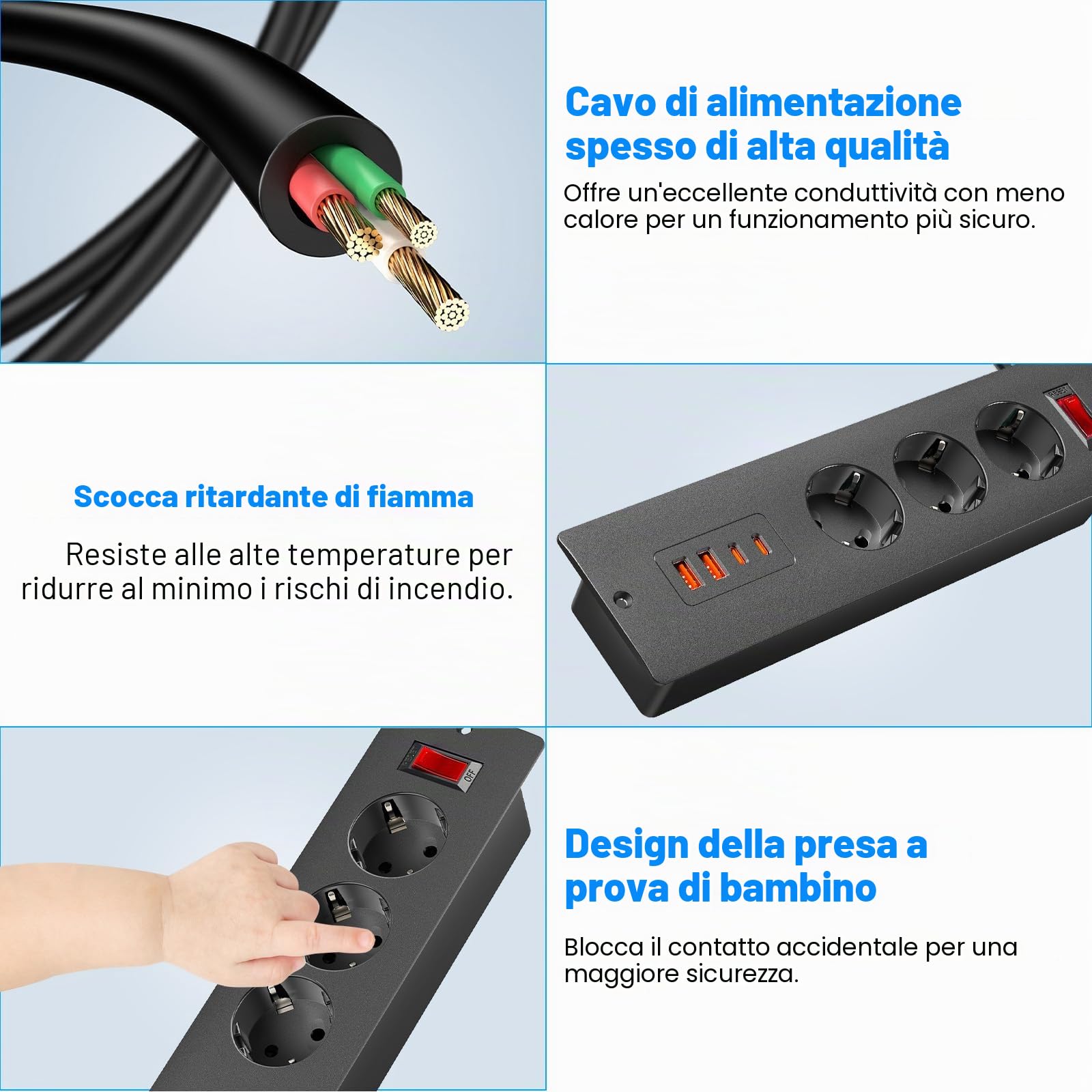 Presa da incasso con 65 W USB-C, 3 prese e 4 porte USB, Sewingvr Versenkbare Tischsteckdose, Einbauleiste per scrivania/ufficio/cucina, cavo da 1,8 m, nero