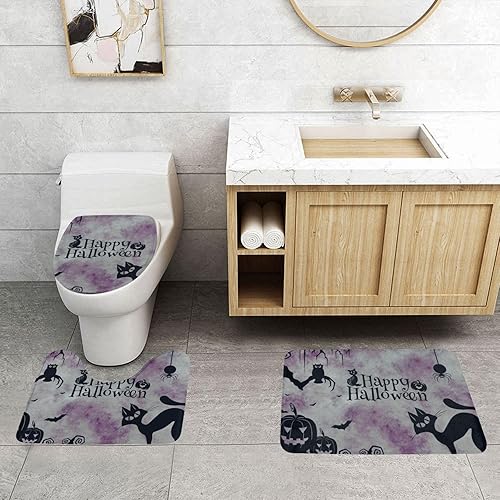 Miniatura 3 de Decoración de Halloween, juego de 3 piezas de alfombras de baño de calabazas, gato negro, murciélagos, alfombra de baño antideslizante, alfombra de