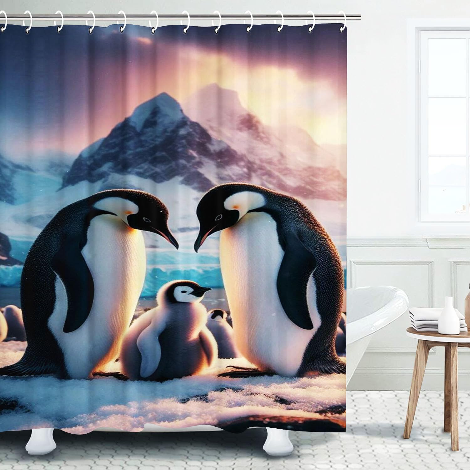 Pinguin Duschvorhang 120x200cm, 3D Süßer Pinguin Kinder Badvorhang Wasserdichtes Polyester Funny Penguins Duschvorhang Badezimmermatte 4-teiliges Set (6,180x200cm)