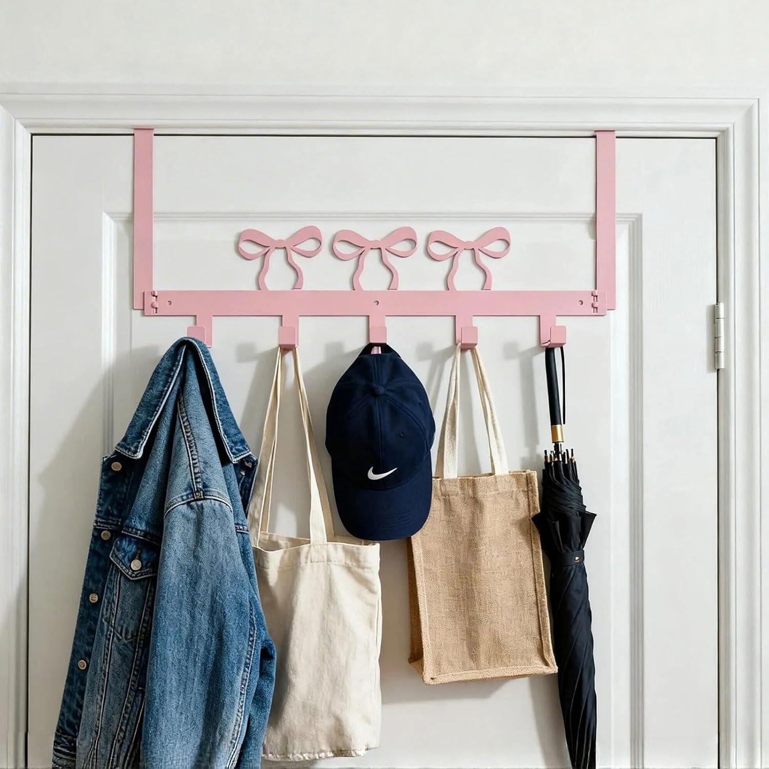 Pink Over the Door Hooks Organizer, Decorative Ribbon Bow Over Door Towel Hook Rack for Bathroom & Bedroom, Aesthetic Over Door Coat Hook, No Drill Hanging, Detachable Design