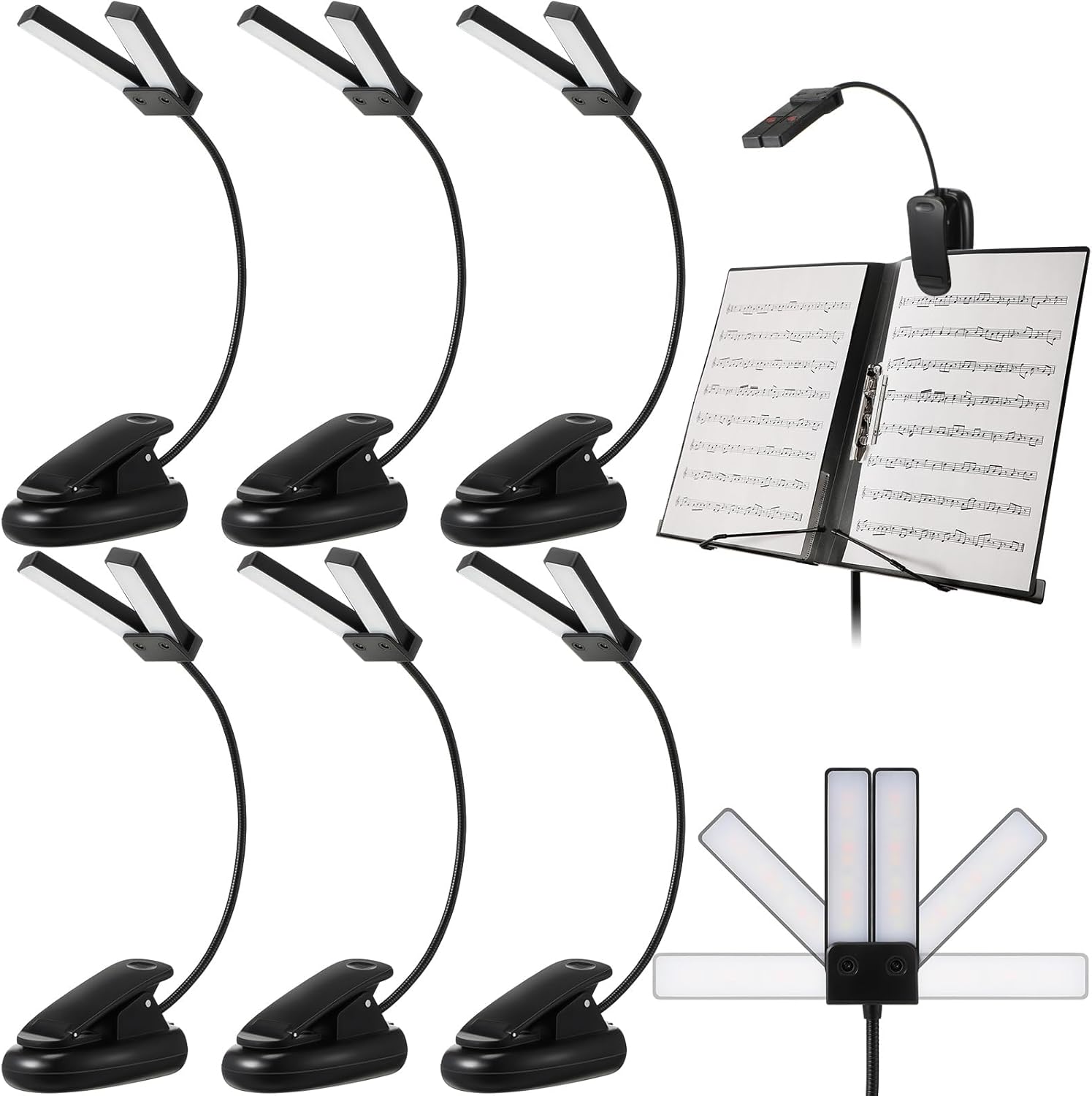 Retisee 6 Pcs Music Stand Clip on Reading Light Dual Heads USB and AAA Battery Operated LED Book Lights in Bed 3 Brightness Levels Ideal for Musician, Battery Not Included (Double-Light Style)