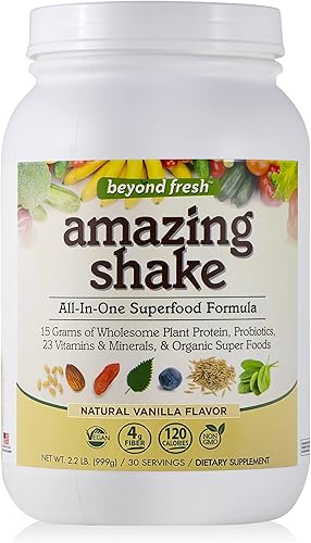 Beyond Fresh Amazing Shake, fórmula de superalimentos, a base de proteínas vegetales, reemplazo de comidas, sabor natural de vainilla, 35.24oz
