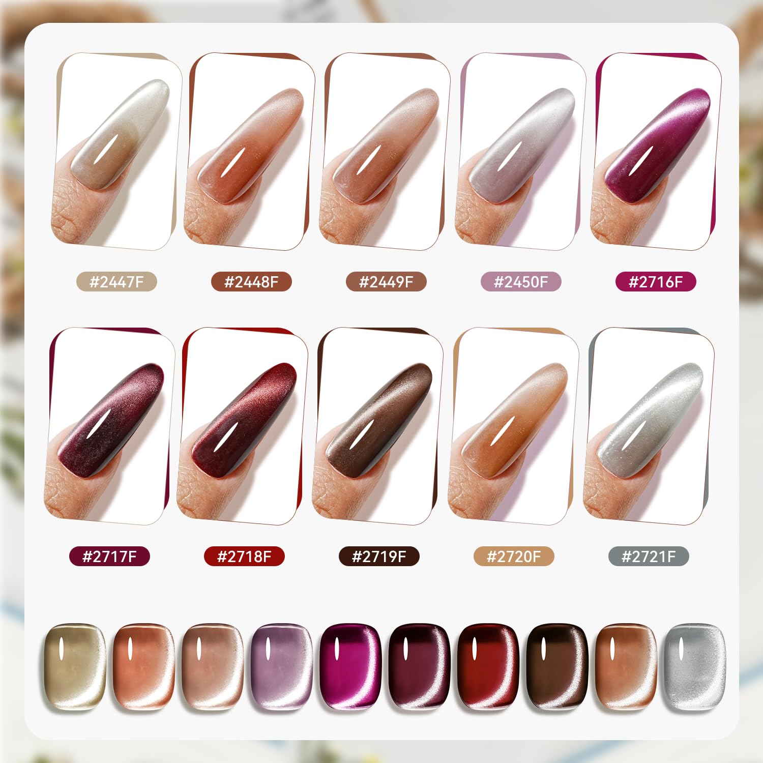 JODSONE Cat Eye Gel Nail Polish Set Pink Rose Red Sliver Collection 10 Colors Holographic Sparkle Cat Eye with Base Coat Top Coat Magnet DIY Nail Art Gift - Image 3