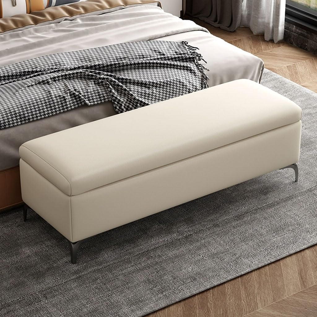 Ławka Pod Łóżko Ottoman, Bardzo Duża Skrzynia Do Przechowywania Tapicerowany Stołek, Skórzany Podnóżek Sofa Stołek Do Salonu, Podnóżek Z Odchylanym Blatem(White,60cm)
